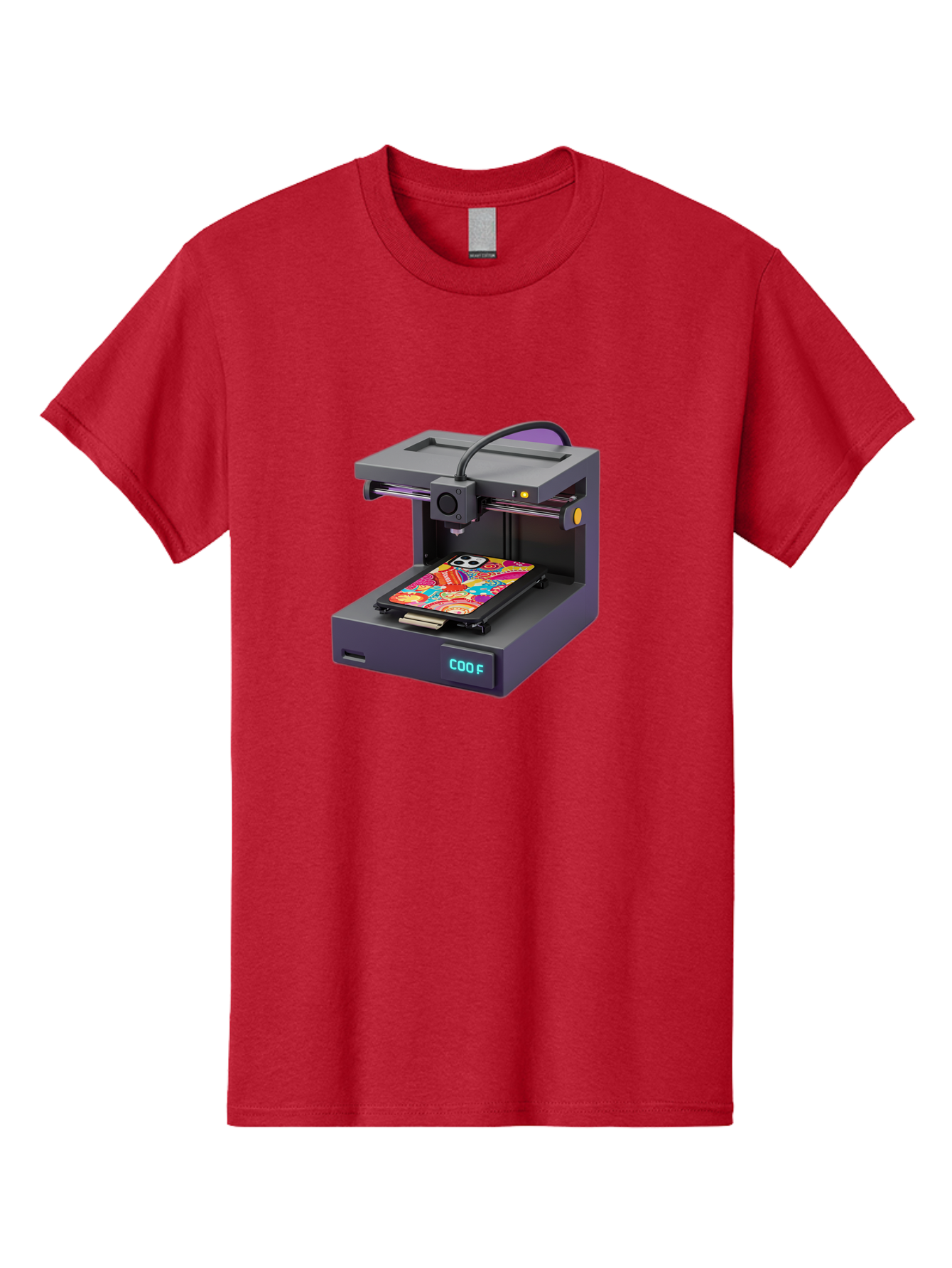 3D-Printer-With-Phone-Case Men'S Graphic Tee, 100% Cotton, Comfortable Casual Summer Wear, Machine Washable, 3D Printing Technology, Vibrant Phone Case, Colorful Design, Sugar Skull Art, Creative Printing, Modern Machinery, Baa050