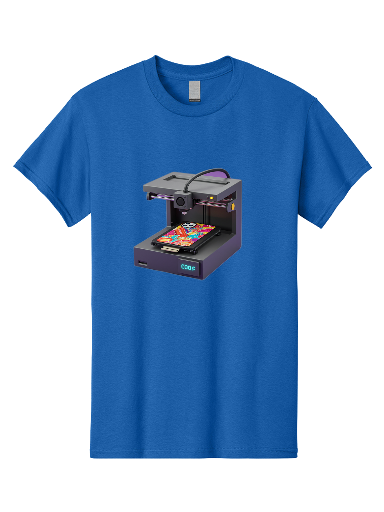 3D-Printer-With-Phone-Case Men'S Graphic Tee, 100% Cotton, Comfortable Casual Summer Wear, Machine Washable, 3D Printing Technology, Vibrant Phone Case, Colorful Design, Sugar Skull Art, Creative Printing, Modern Machinery, Baa050