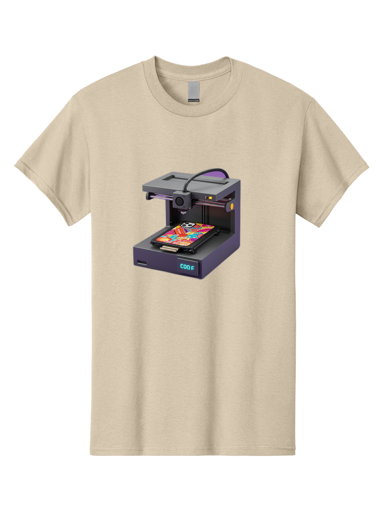 3D-Printer-With-Phone-Case Men'S Graphic Tee, 100% Cotton, Comfortable Casual Summer Wear, Machine Washable, 3D Printing Technology, Vibrant Phone Case, Colorful Design, Sugar Skull Art, Creative Printing, Modern Machinery, Baa050