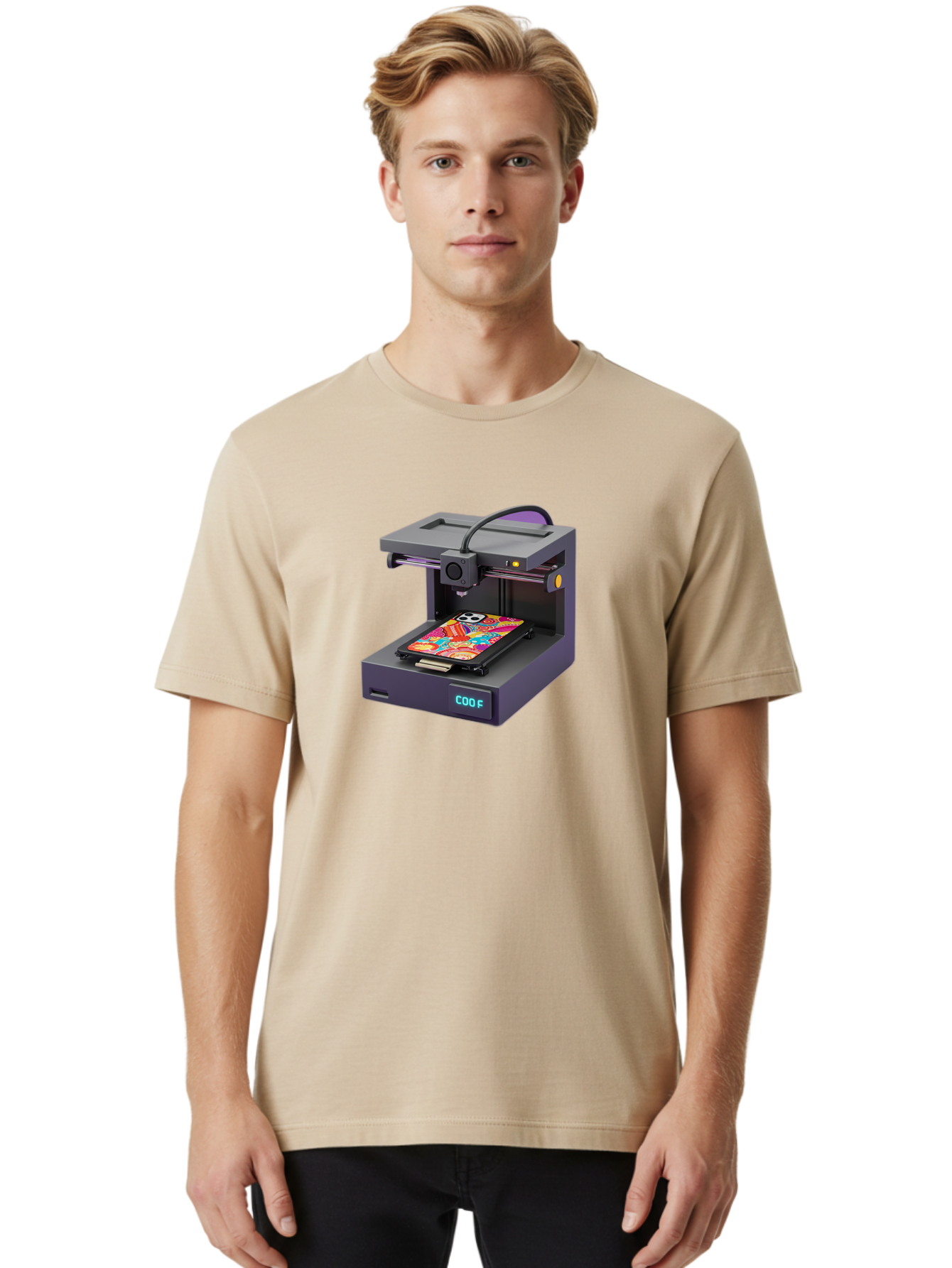 3D-Printer-With-Phone-Case Men'S Graphic Tee, 100% Cotton, Comfortable Casual Summer Wear, Machine Washable, 3D Printing Technology, Vibrant Phone Case, Colorful Design, Sugar Skull Art, Creative Printing, Modern Machinery, Baa050