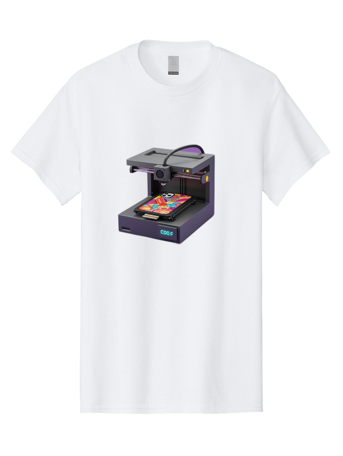 3D-Printer-With-Phone-Case Men'S Graphic Tee, 100% Cotton, Comfortable Casual Summer Wear, Machine Washable, 3D Printing Technology, Vibrant Phone Case, Colorful Design, Sugar Skull Art, Creative Printing, Modern Machinery, Baa050