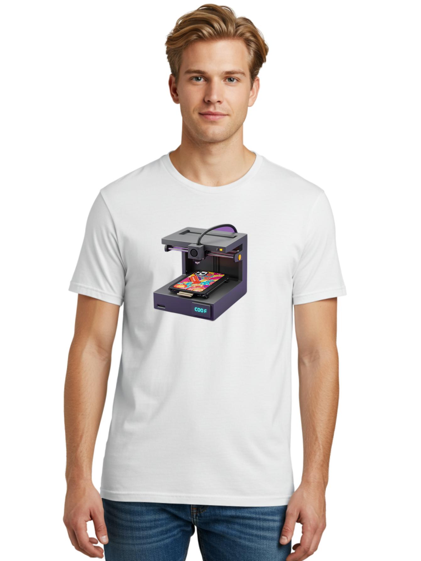 3D-Printer-With-Phone-Case Men'S Graphic Tee, 100% Cotton, Comfortable Casual Summer Wear, Machine Washable, 3D Printing Technology, Vibrant Phone Case, Colorful Design, Sugar Skull Art, Creative Printing, Modern Machinery, Baa050