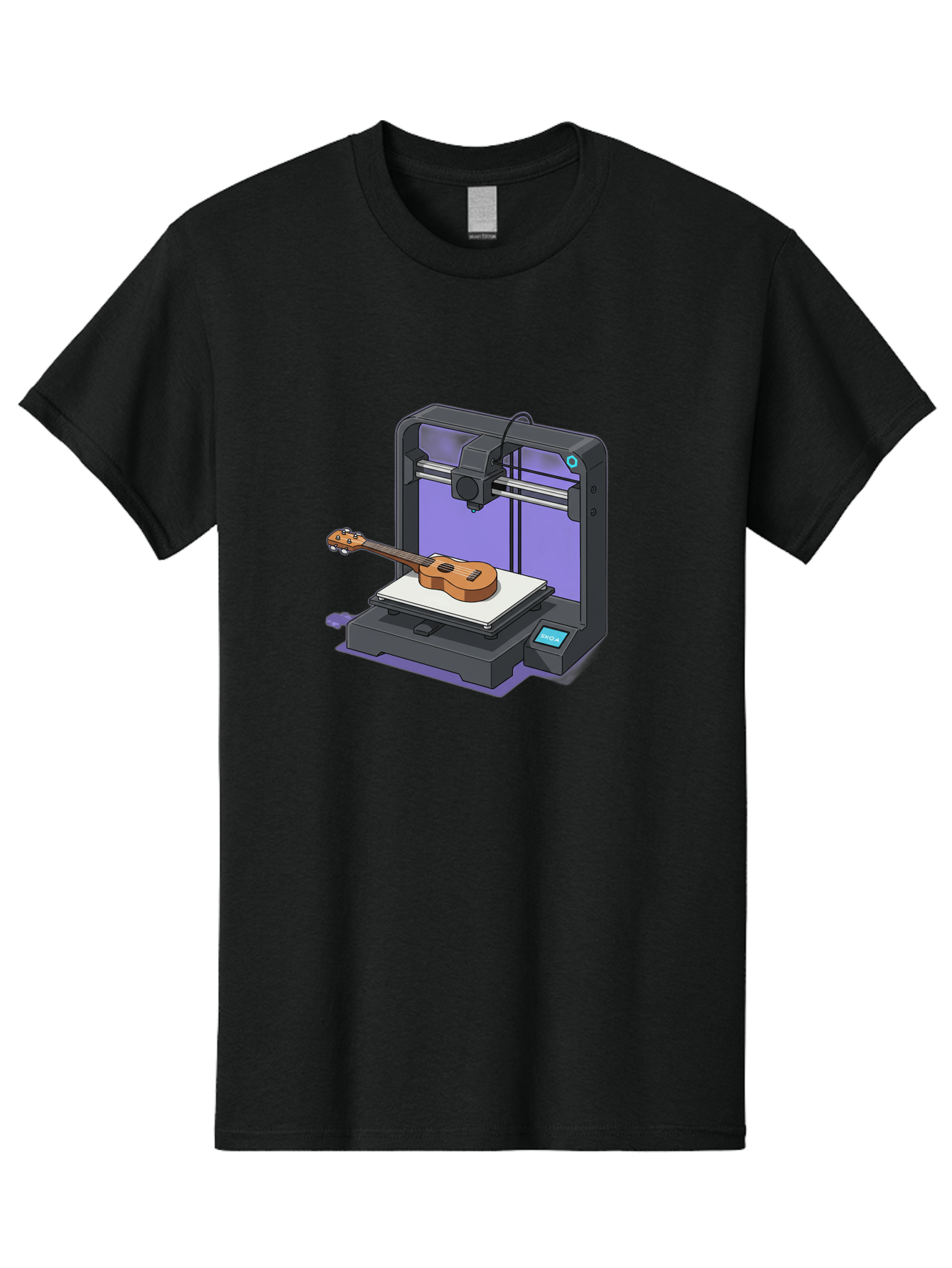 3D-Printer-With-Ukulele Men'S Graphic Tee, 100% Cotton, Comfortable Casual Summer Wear, Machine Washable, 3D Printing Technology, Ukulele Manufacturing, Customized Instruments, Innovative Design, Digital Fabrication, Musical Instruments, Baa051