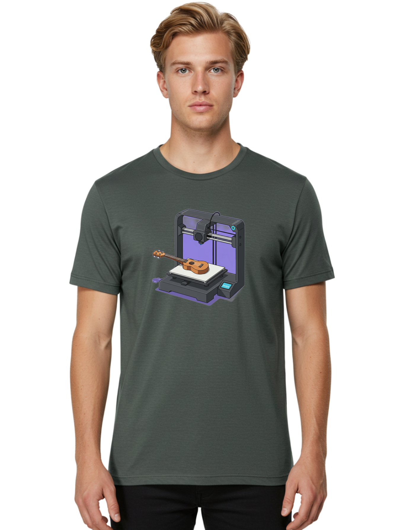 3D-Printer-With-Ukulele Men'S Graphic Tee, 100% Cotton, Comfortable Casual Summer Wear, Machine Washable, 3D Printing Technology, Ukulele Manufacturing, Customized Instruments, Innovative Design, Digital Fabrication, Musical Instruments, Baa051