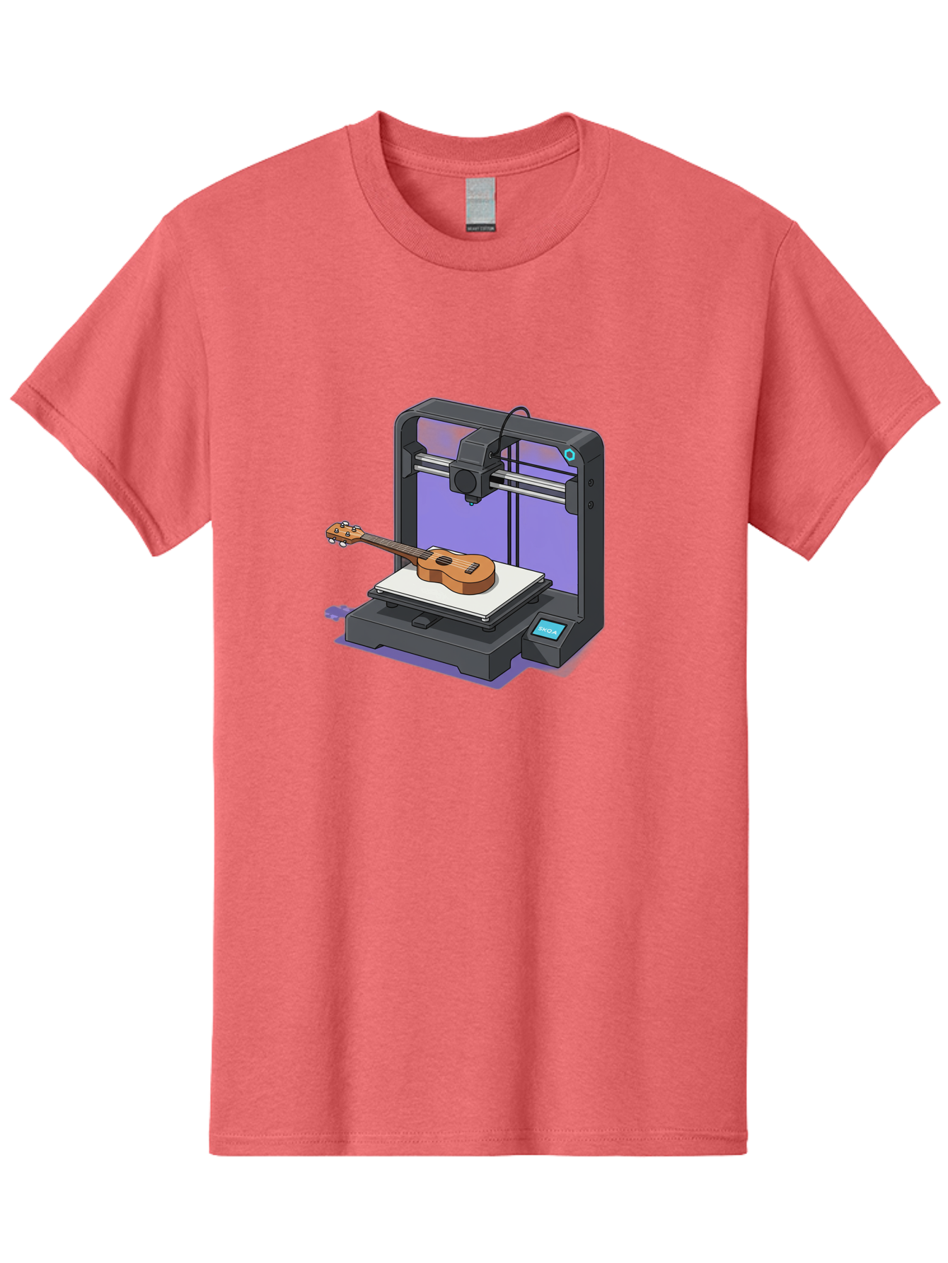 3D-Printer-With-Ukulele Men'S Graphic Tee, 100% Cotton, Comfortable Casual Summer Wear, Machine Washable, 3D Printing Technology, Ukulele Manufacturing, Customized Instruments, Innovative Design, Digital Fabrication, Musical Instruments, Baa051