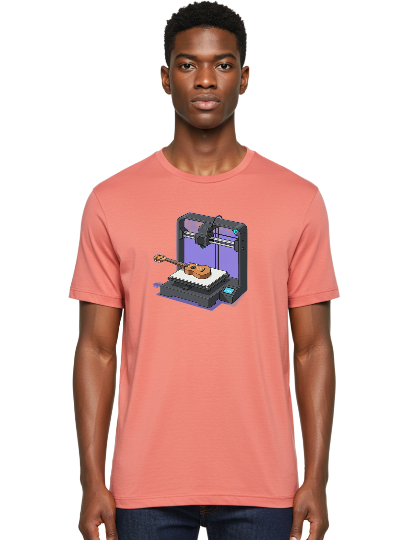 3D-Printer-With-Ukulele Men'S Graphic Tee, 100% Cotton, Comfortable Casual Summer Wear, Machine Washable, 3D Printing Technology, Ukulele Manufacturing, Customized Instruments, Innovative Design, Digital Fabrication, Musical Instruments, Baa051