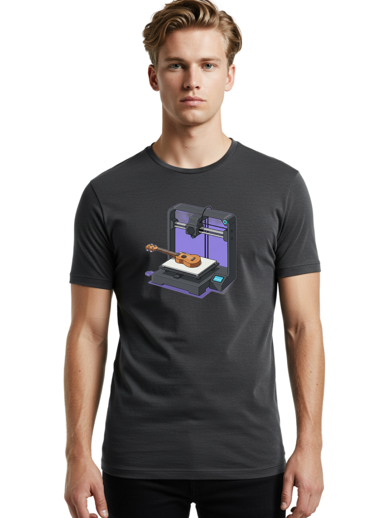 3D-Printer-With-Ukulele Men'S Graphic Tee, 100% Cotton, Comfortable Casual Summer Wear, Machine Washable, 3D Printing Technology, Ukulele Manufacturing, Customized Instruments, Innovative Design, Digital Fabrication, Musical Instruments, Baa051