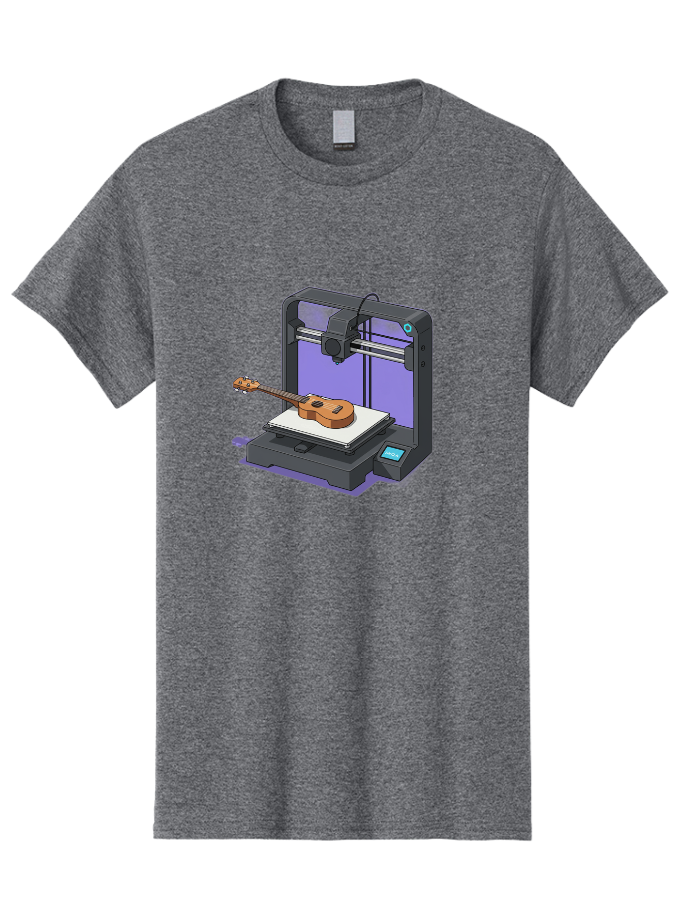3D-Printer-With-Ukulele Men'S Graphic Tee, 100% Cotton, Comfortable Casual Summer Wear, Machine Washable, 3D Printing Technology, Ukulele Manufacturing, Customized Instruments, Innovative Design, Digital Fabrication, Musical Instruments, Baa051