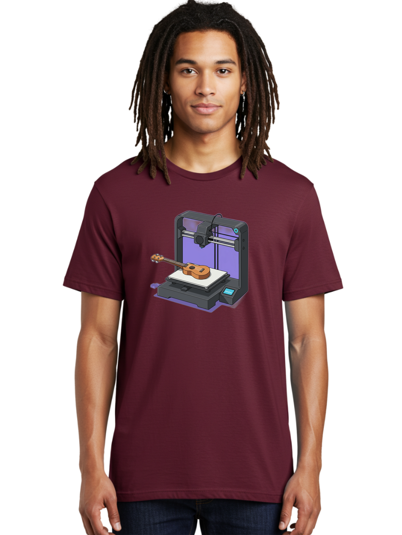 3D-Printer-With-Ukulele Men'S Graphic Tee, 100% Cotton, Comfortable Casual Summer Wear, Machine Washable, 3D Printing Technology, Ukulele Manufacturing, Customized Instruments, Innovative Design, Digital Fabrication, Musical Instruments, Baa051
