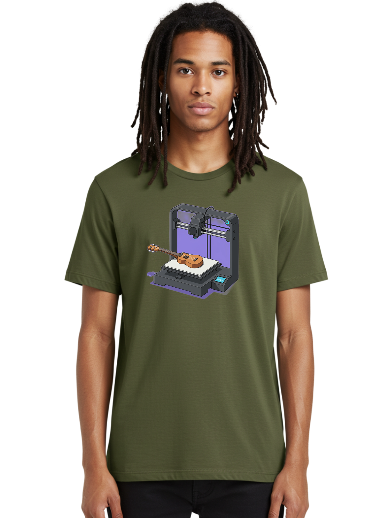 3D-Printer-With-Ukulele Men'S Graphic Tee, 100% Cotton, Comfortable Casual Summer Wear, Machine Washable, 3D Printing Technology, Ukulele Manufacturing, Customized Instruments, Innovative Design, Digital Fabrication, Musical Instruments, Baa051