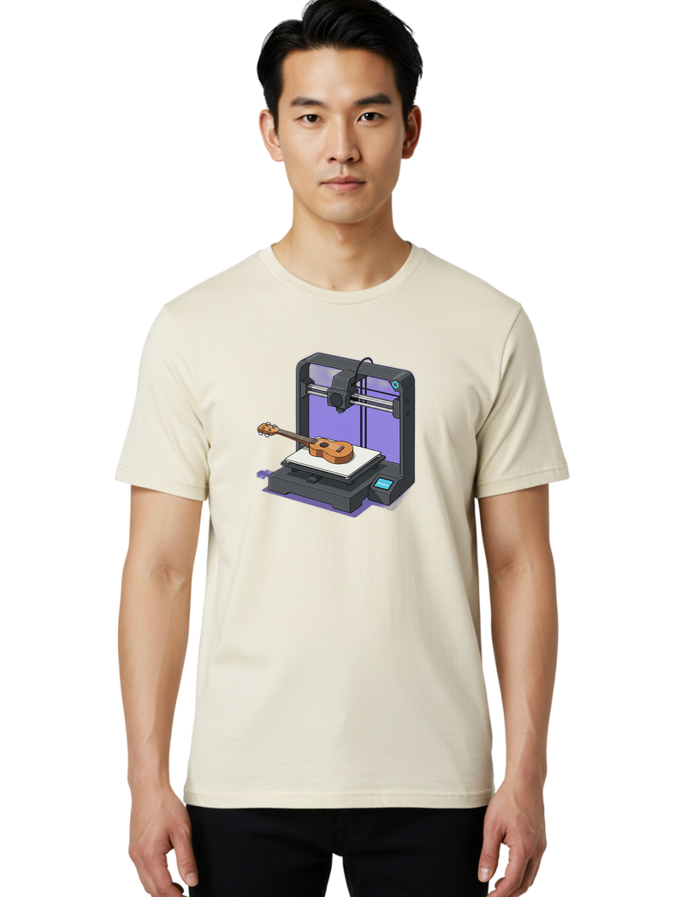 3D-Printer-With-Ukulele Men'S Graphic Tee, 100% Cotton, Comfortable Casual Summer Wear, Machine Washable, 3D Printing Technology, Ukulele Manufacturing, Customized Instruments, Innovative Design, Digital Fabrication, Musical Instruments, Baa051