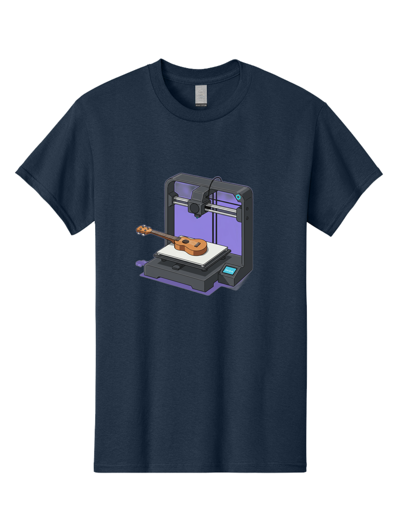3D-Printer-With-Ukulele Men'S Graphic Tee, 100% Cotton, Comfortable Casual Summer Wear, Machine Washable, 3D Printing Technology, Ukulele Manufacturing, Customized Instruments, Innovative Design, Digital Fabrication, Musical Instruments, Baa051