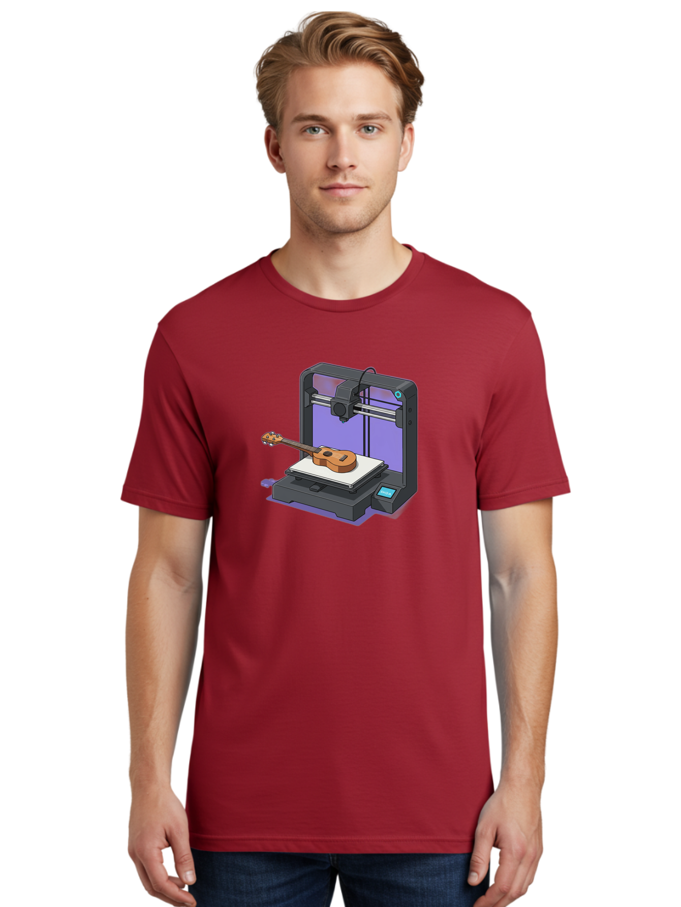 3D-Printer-With-Ukulele Men'S Graphic Tee, 100% Cotton, Comfortable Casual Summer Wear, Machine Washable, 3D Printing Technology, Ukulele Manufacturing, Customized Instruments, Innovative Design, Digital Fabrication, Musical Instruments, Baa051
