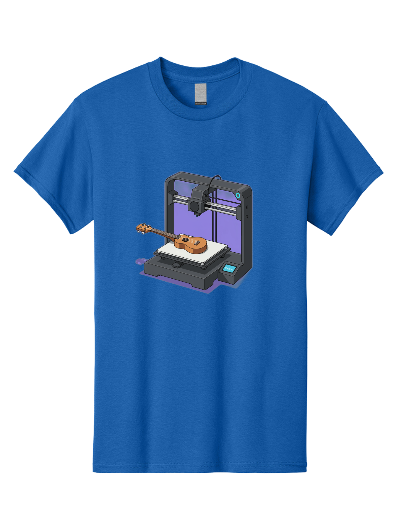 3D-Printer-With-Ukulele Men'S Graphic Tee, 100% Cotton, Comfortable Casual Summer Wear, Machine Washable, 3D Printing Technology, Ukulele Manufacturing, Customized Instruments, Innovative Design, Digital Fabrication, Musical Instruments, Baa051