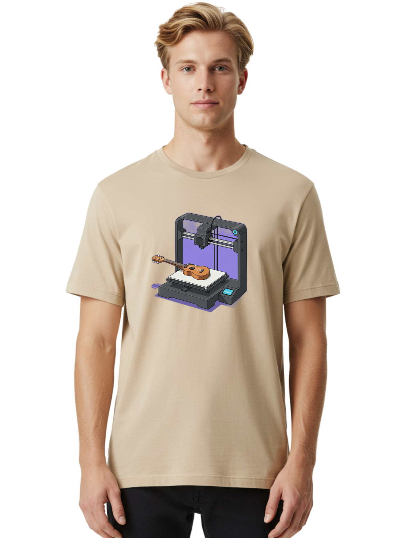 3D-Printer-With-Ukulele Men'S Graphic Tee, 100% Cotton, Comfortable Casual Summer Wear, Machine Washable, 3D Printing Technology, Ukulele Manufacturing, Customized Instruments, Innovative Design, Digital Fabrication, Musical Instruments, Baa051