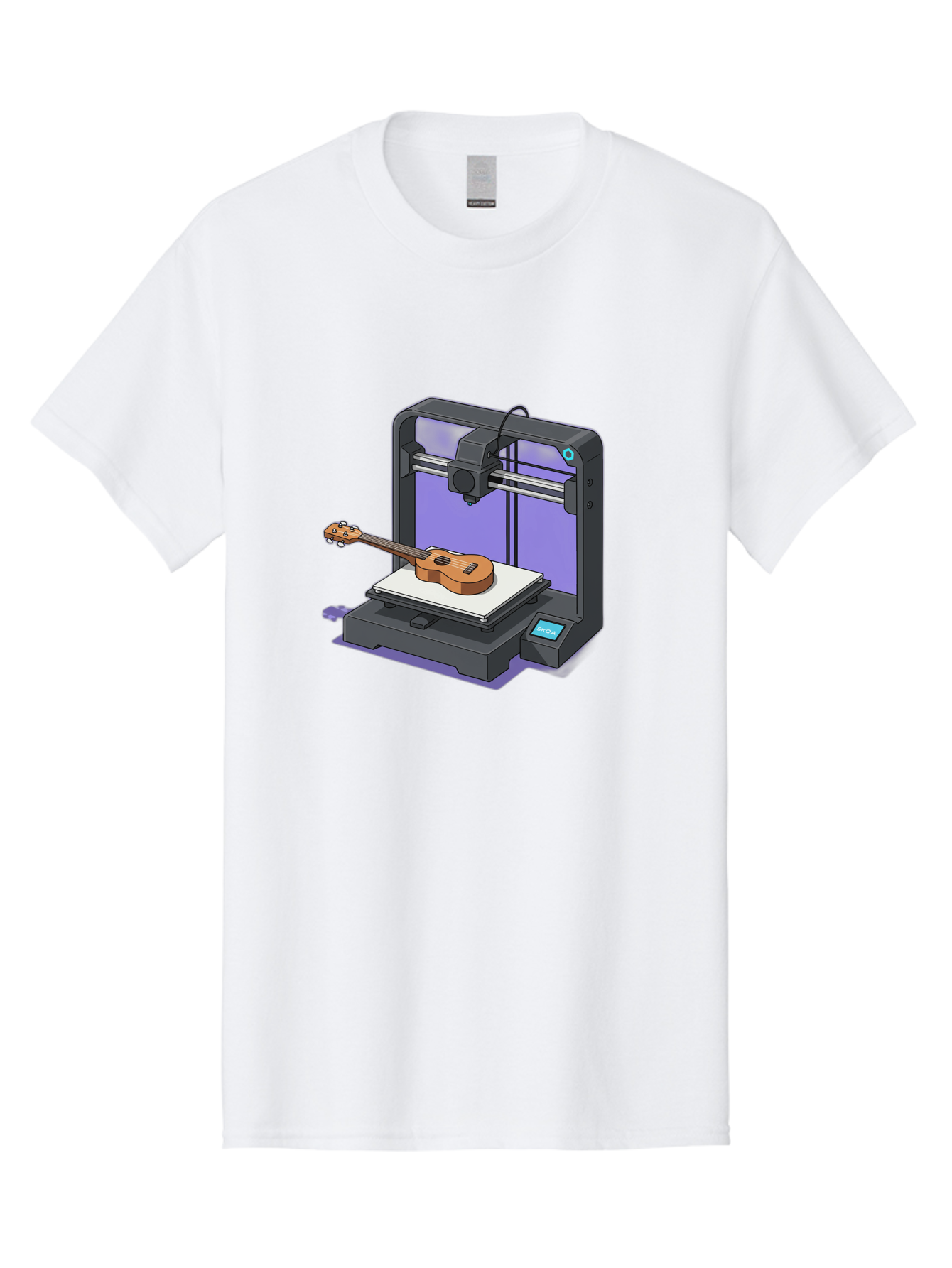 3D-Printer-With-Ukulele Men'S Graphic Tee, 100% Cotton, Comfortable Casual Summer Wear, Machine Washable, 3D Printing Technology, Ukulele Manufacturing, Customized Instruments, Innovative Design, Digital Fabrication, Musical Instruments, Baa051