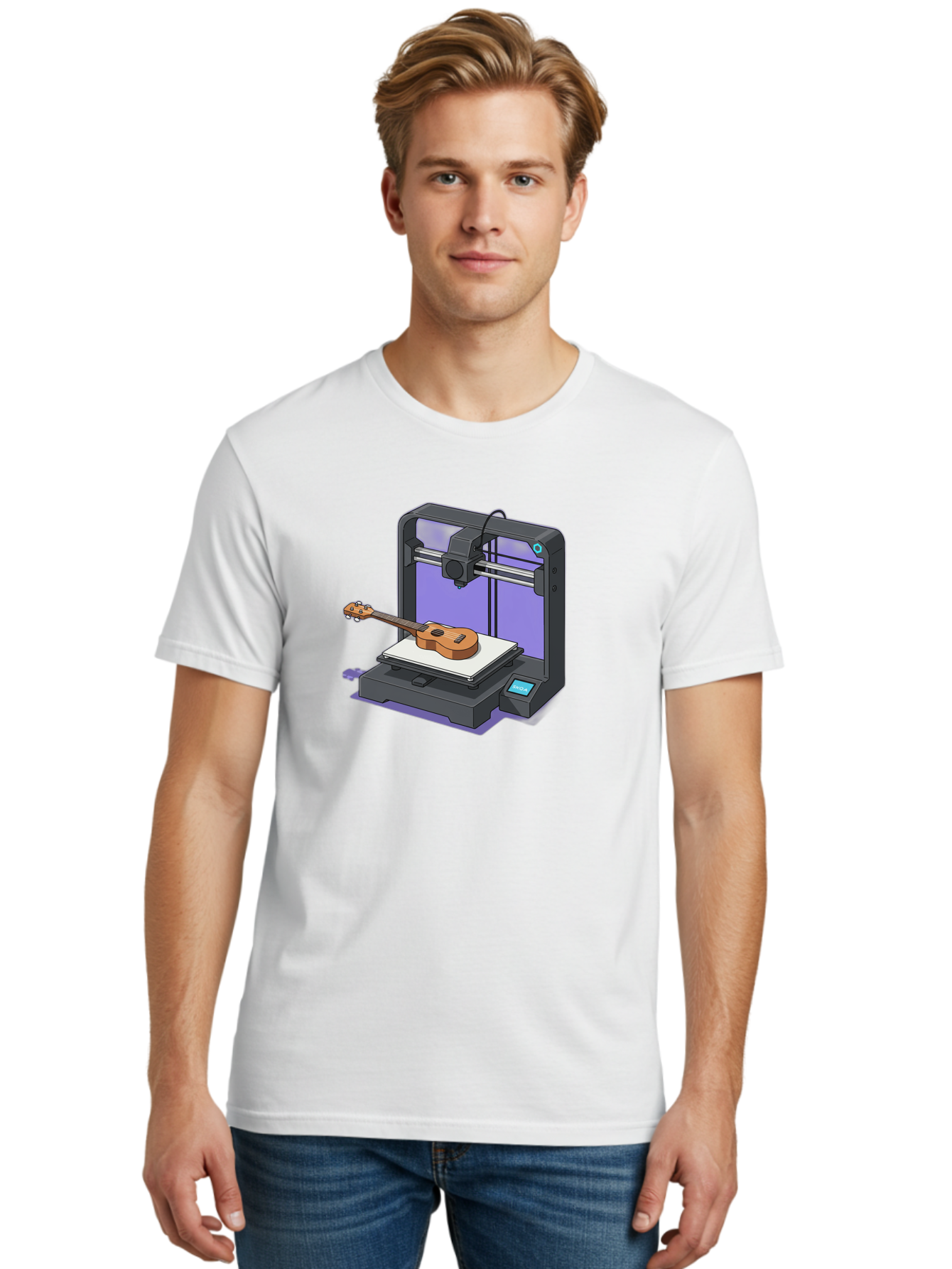 3D-Printer-With-Ukulele Men'S Graphic Tee, 100% Cotton, Comfortable Casual Summer Wear, Machine Washable, 3D Printing Technology, Ukulele Manufacturing, Customized Instruments, Innovative Design, Digital Fabrication, Musical Instruments, Baa051