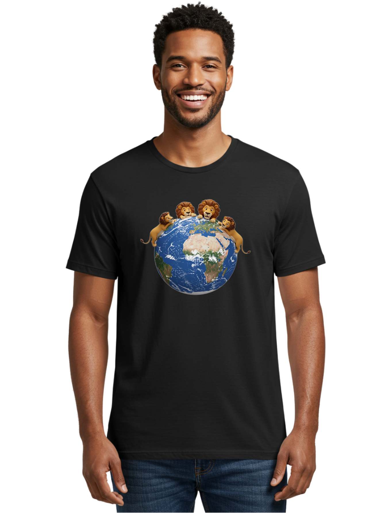 4-Lions-Holding-Globe Men'S Graphic Tee, 100% Cotton, Comfortable Casual Summer Wear, Machine Washable, Lions Holding The World, Global Unity, Conservation Efforts, Wildlife Protection, Earth, Lions Together, Global Awareness Baa056