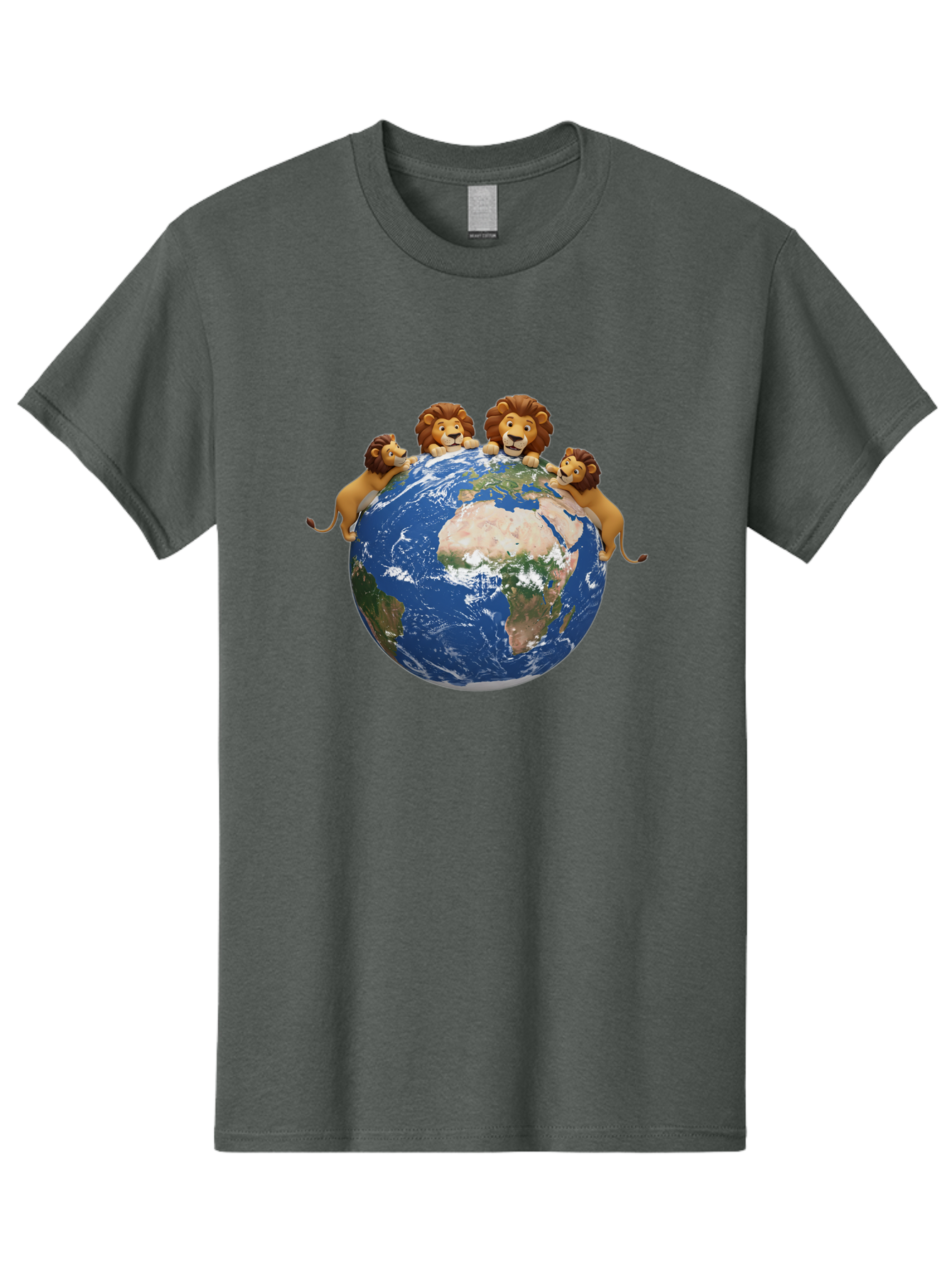 4-Lions-Holding-Globe Men'S Graphic Tee, 100% Cotton, Comfortable Casual Summer Wear, Machine Washable, Lions Holding The World, Global Unity, Conservation Efforts, Wildlife Protection, Earth, Lions Together, Global Awareness Baa056