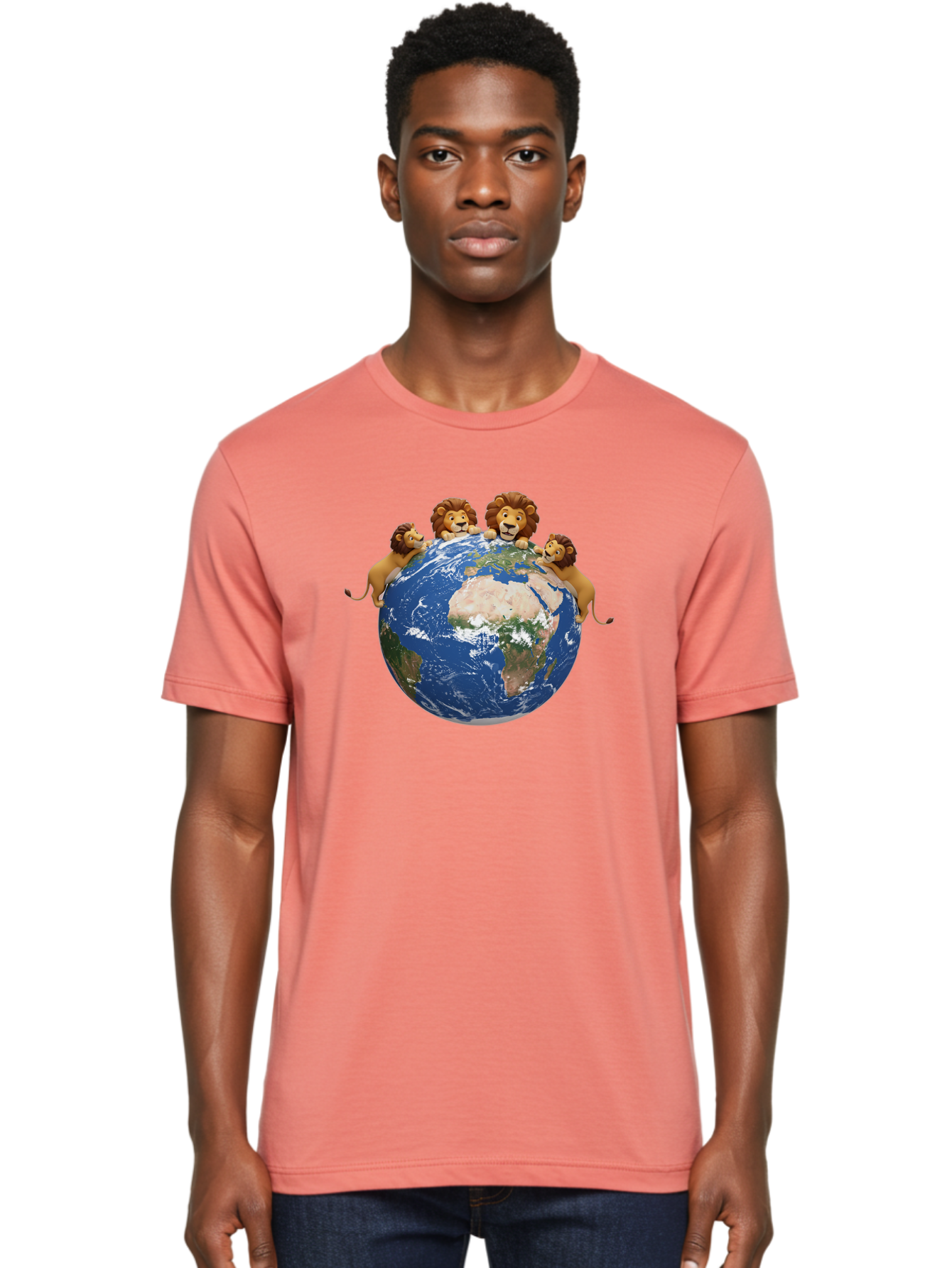 4-Lions-Holding-Globe Men'S Graphic Tee, 100% Cotton, Comfortable Casual Summer Wear, Machine Washable, Lions Holding The World, Global Unity, Conservation Efforts, Wildlife Protection, Earth, Lions Together, Global Awareness Baa056