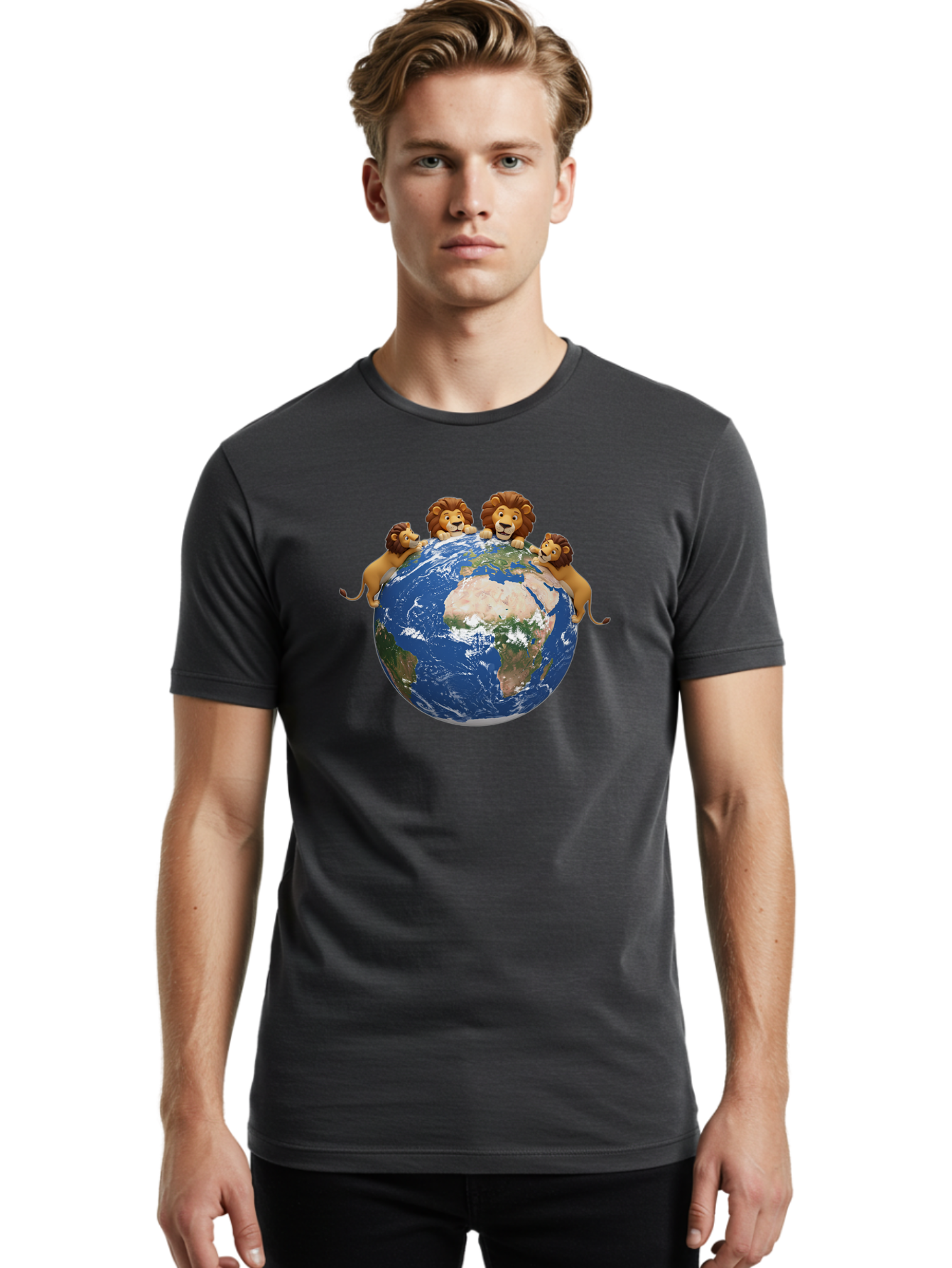 4-Lions-Holding-Globe Men'S Graphic Tee, 100% Cotton, Comfortable Casual Summer Wear, Machine Washable, Lions Holding The World, Global Unity, Conservation Efforts, Wildlife Protection, Earth, Lions Together, Global Awareness Baa056