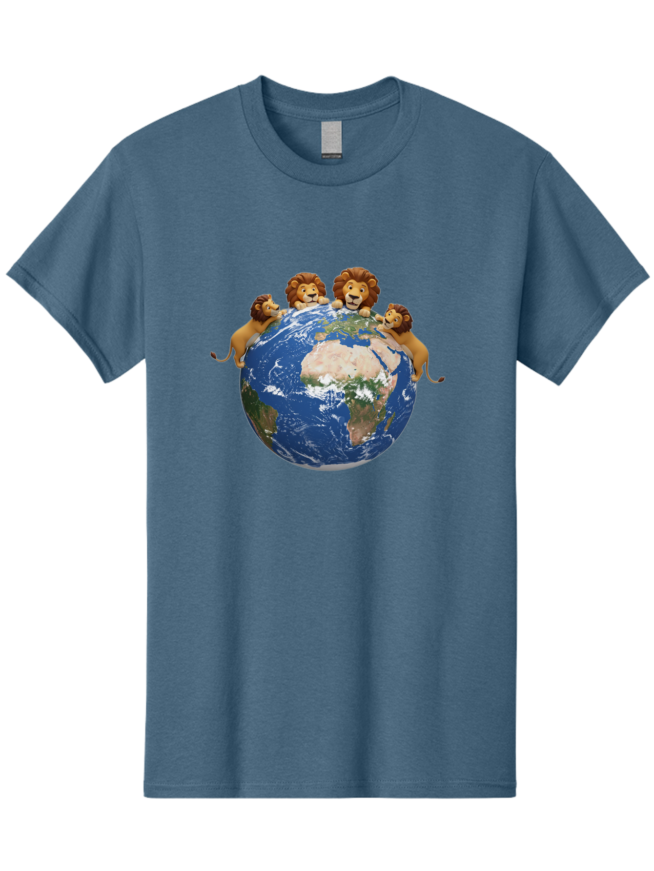4-Lions-Holding-Globe Men'S Graphic Tee, 100% Cotton, Comfortable Casual Summer Wear, Machine Washable, Lions Holding The World, Global Unity, Conservation Efforts, Wildlife Protection, Earth, Lions Together, Global Awareness Baa056