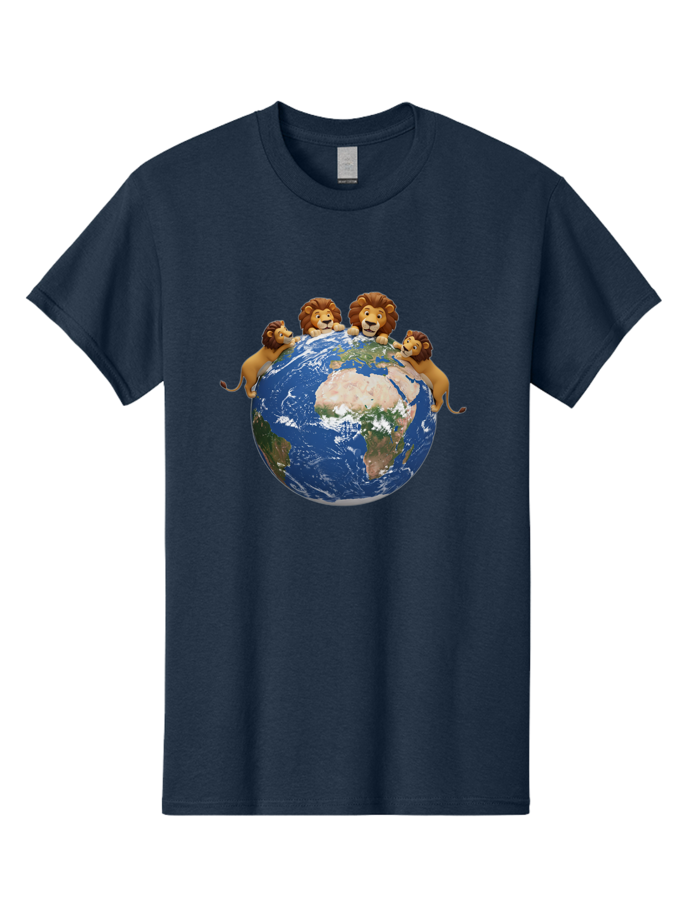 4-Lions-Holding-Globe Men'S Graphic Tee, 100% Cotton, Comfortable Casual Summer Wear, Machine Washable, Lions Holding The World, Global Unity, Conservation Efforts, Wildlife Protection, Earth, Lions Together, Global Awareness Baa056