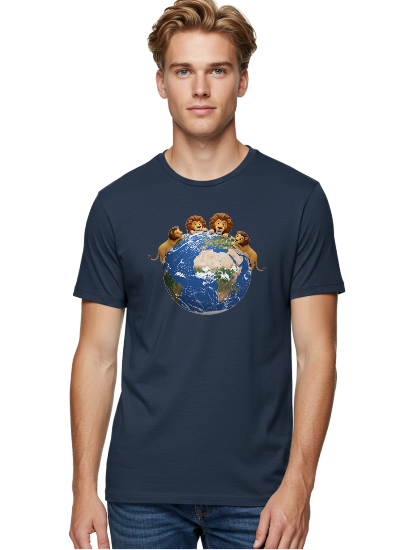 4-Lions-Holding-Globe Men'S Graphic Tee, 100% Cotton, Comfortable Casual Summer Wear, Machine Washable, Lions Holding The World, Global Unity, Conservation Efforts, Wildlife Protection, Earth, Lions Together, Global Awareness Baa056
