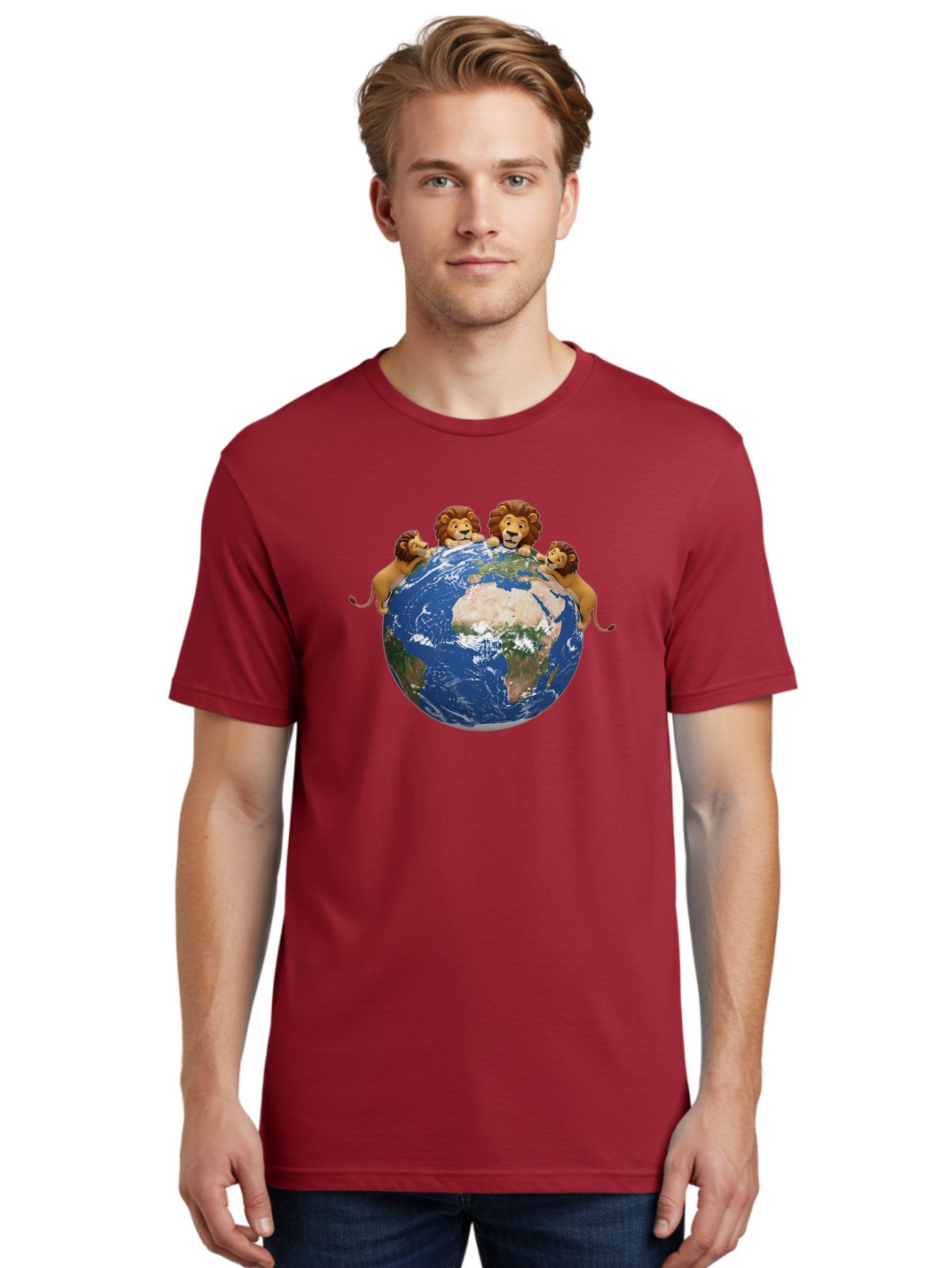 4-Lions-Holding-Globe Men'S Graphic Tee, 100% Cotton, Comfortable Casual Summer Wear, Machine Washable, Lions Holding The World, Global Unity, Conservation Efforts, Wildlife Protection, Earth, Lions Together, Global Awareness Baa056