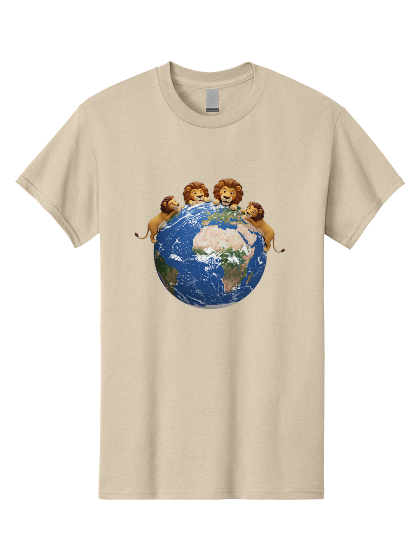 4-Lions-Holding-Globe Men'S Graphic Tee, 100% Cotton, Comfortable Casual Summer Wear, Machine Washable, Lions Holding The World, Global Unity, Conservation Efforts, Wildlife Protection, Earth, Lions Together, Global Awareness Baa056