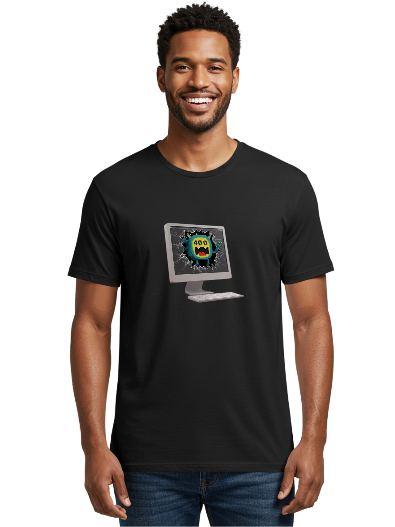 400-Error Men'S Graphic Tee, 100% Cotton, Comfortable Casual Summer Wear, Machine Washable, Error Message, Broken Screen, 400 Bad Request, Cartoon Monster, Cracked Glass, Digital Glitch, Frustrated User, Humorous Illustration, Baa057