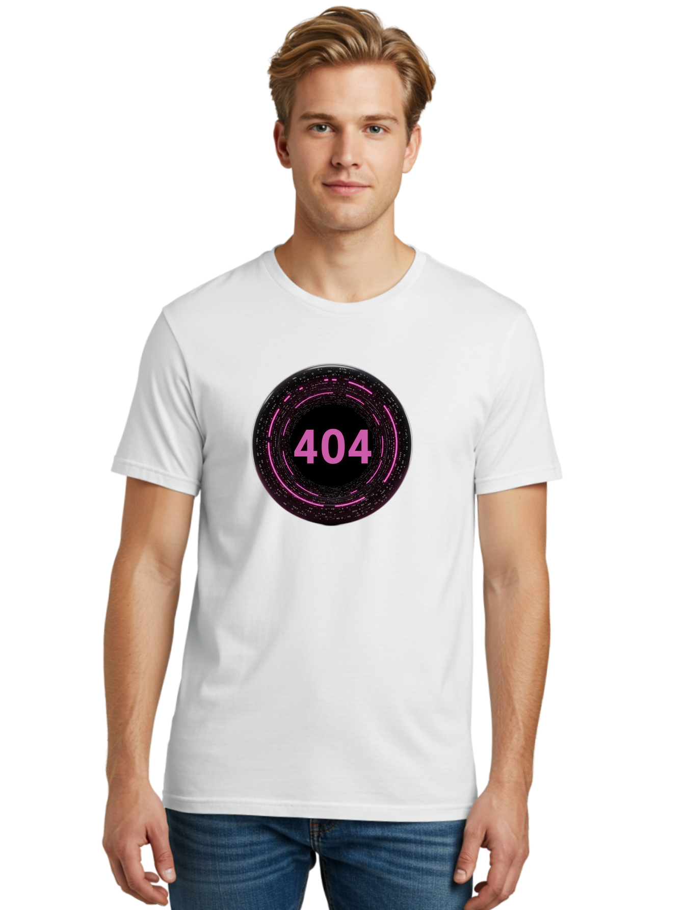 404-3 Men'S Graphic Tee, 100% Cotton, Comfortable Casual Summer Wear, Machine Washable, 404 Error, Page Not Found, Digital Glitch, Pink Neon, Futuristic Design, Cyberpunk Aesthetic, Error Message, Circular Pattern, Binary Code, Website Error Baa060