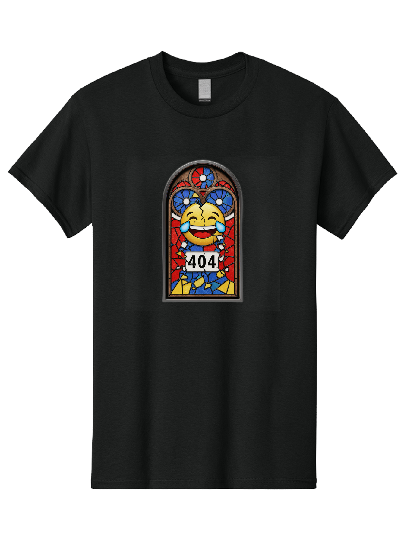 404-Emoji-Stained-Glass Men'S Graphic Tee, 100% Cotton, Comfortable Casual Summer Wear, Machine Washable, Stained Glass Window, Crying Laughing Emoji, Broken Glass, 404 Error, Humorous Design, Playful Art, Digital Illustration, Baa070