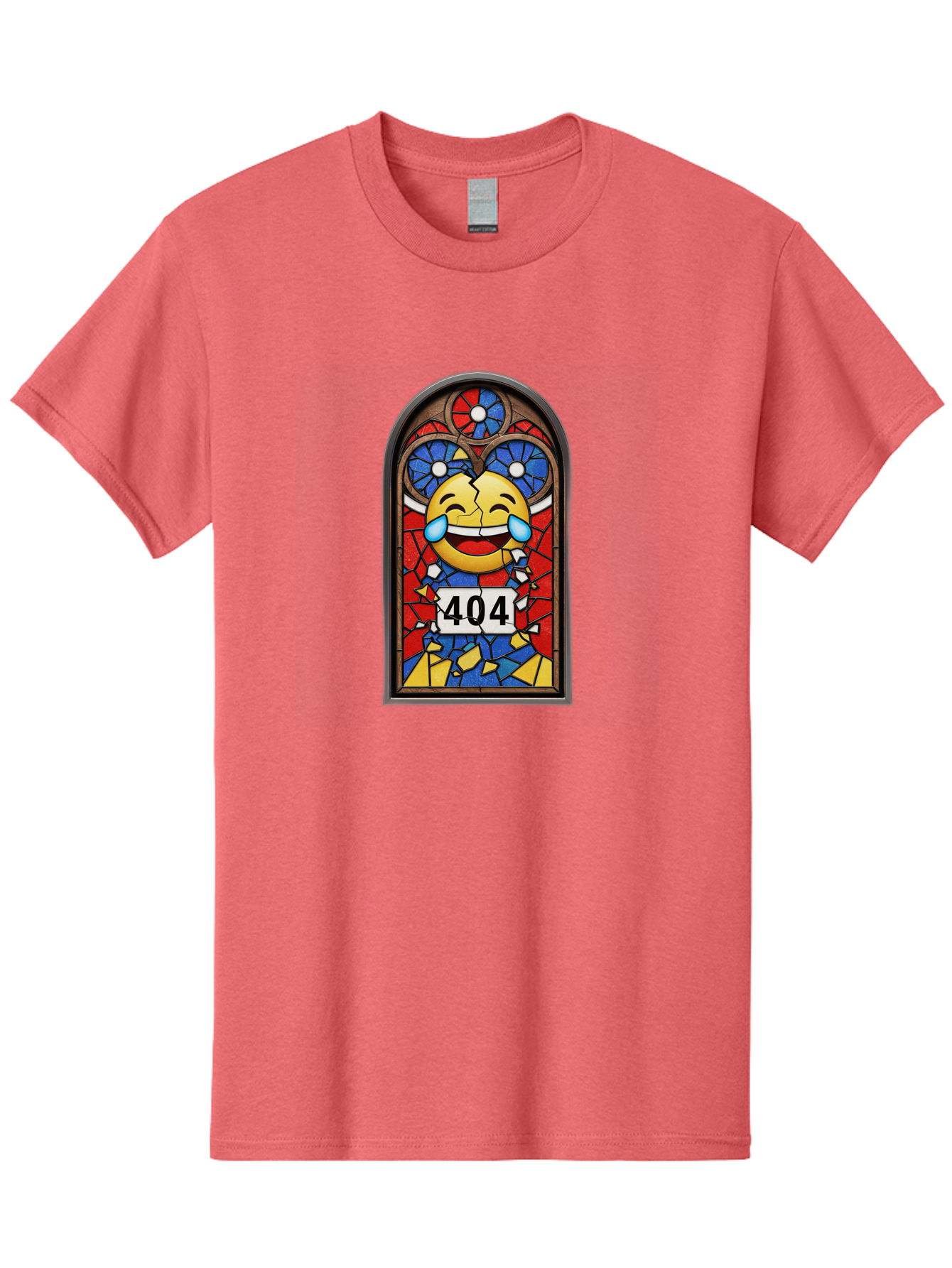 404-Emoji-Stained-Glass Men'S Graphic Tee, 100% Cotton, Comfortable Casual Summer Wear, Machine Washable, Stained Glass Window, Crying Laughing Emoji, Broken Glass, 404 Error, Humorous Design, Playful Art, Digital Illustration, Baa070