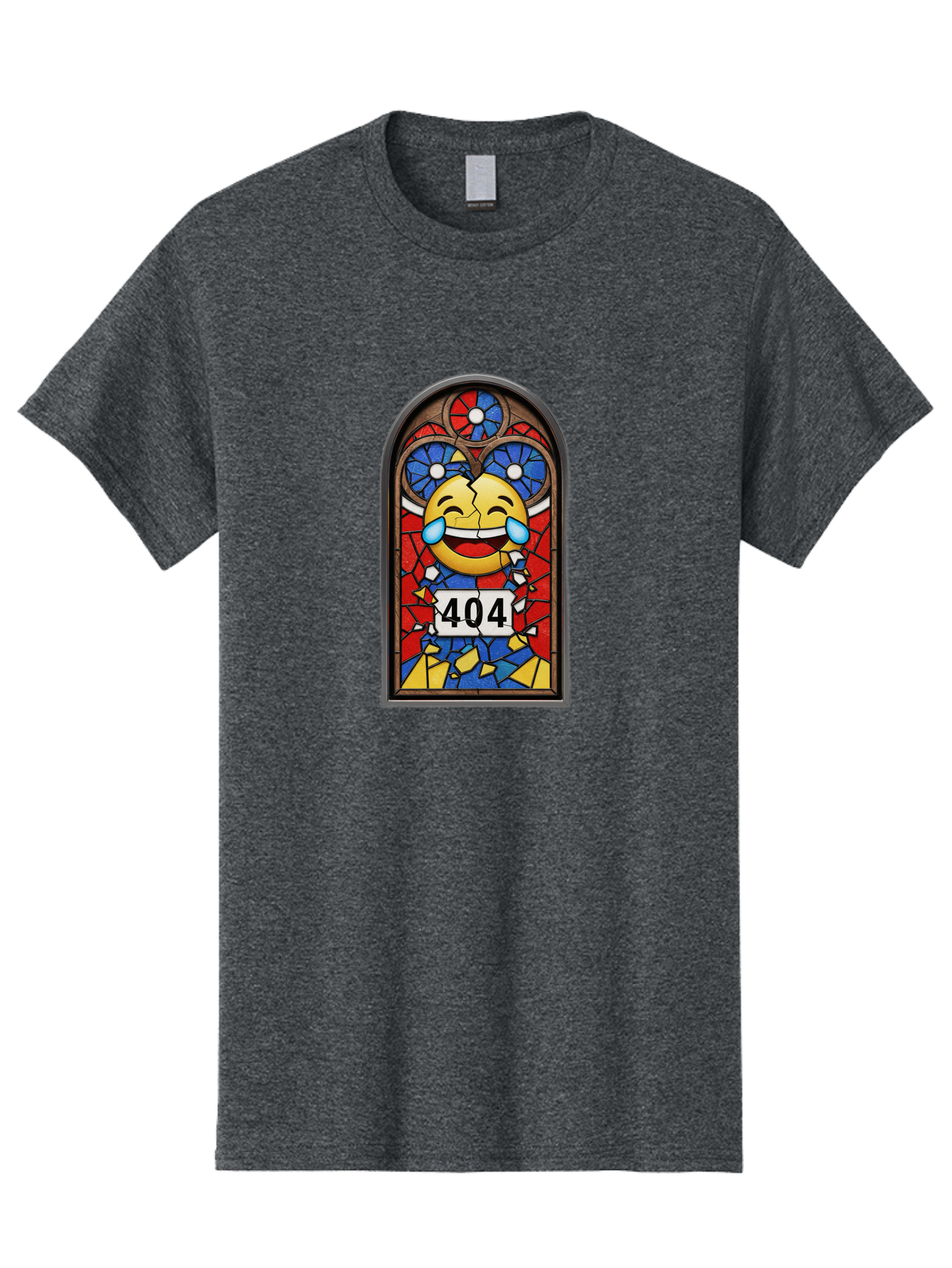 404-Emoji-Stained-Glass Men'S Graphic Tee, 100% Cotton, Comfortable Casual Summer Wear, Machine Washable, Stained Glass Window, Crying Laughing Emoji, Broken Glass, 404 Error, Humorous Design, Playful Art, Digital Illustration, Baa070