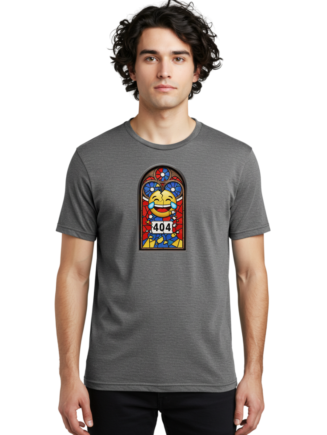 404-Emoji-Stained-Glass Men'S Graphic Tee, 100% Cotton, Comfortable Casual Summer Wear, Machine Washable, Stained Glass Window, Crying Laughing Emoji, Broken Glass, 404 Error, Humorous Design, Playful Art, Digital Illustration, Baa070