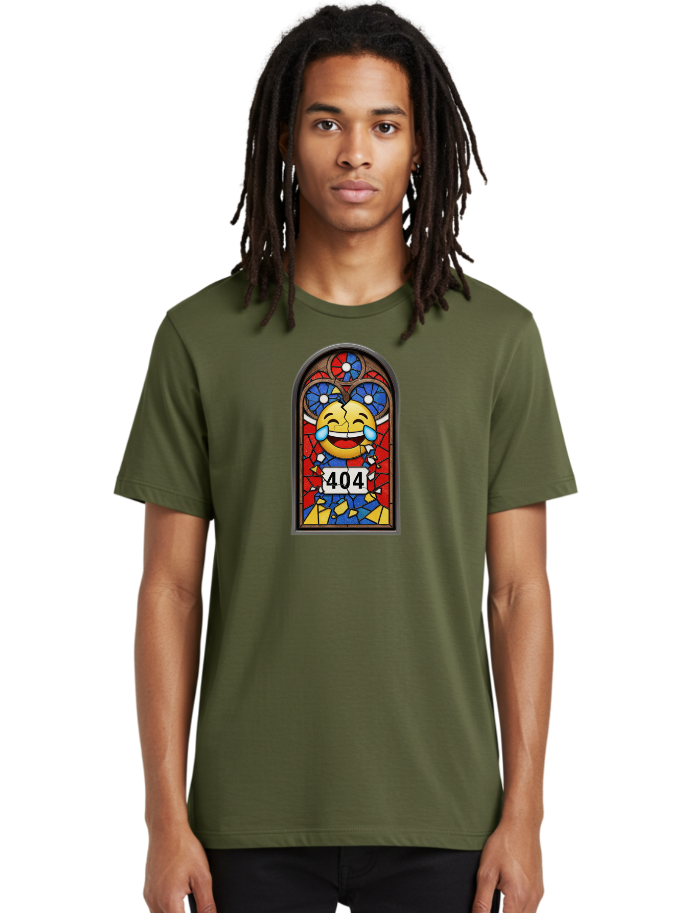 404-Emoji-Stained-Glass Men'S Graphic Tee, 100% Cotton, Comfortable Casual Summer Wear, Machine Washable, Stained Glass Window, Crying Laughing Emoji, Broken Glass, 404 Error, Humorous Design, Playful Art, Digital Illustration, Baa070