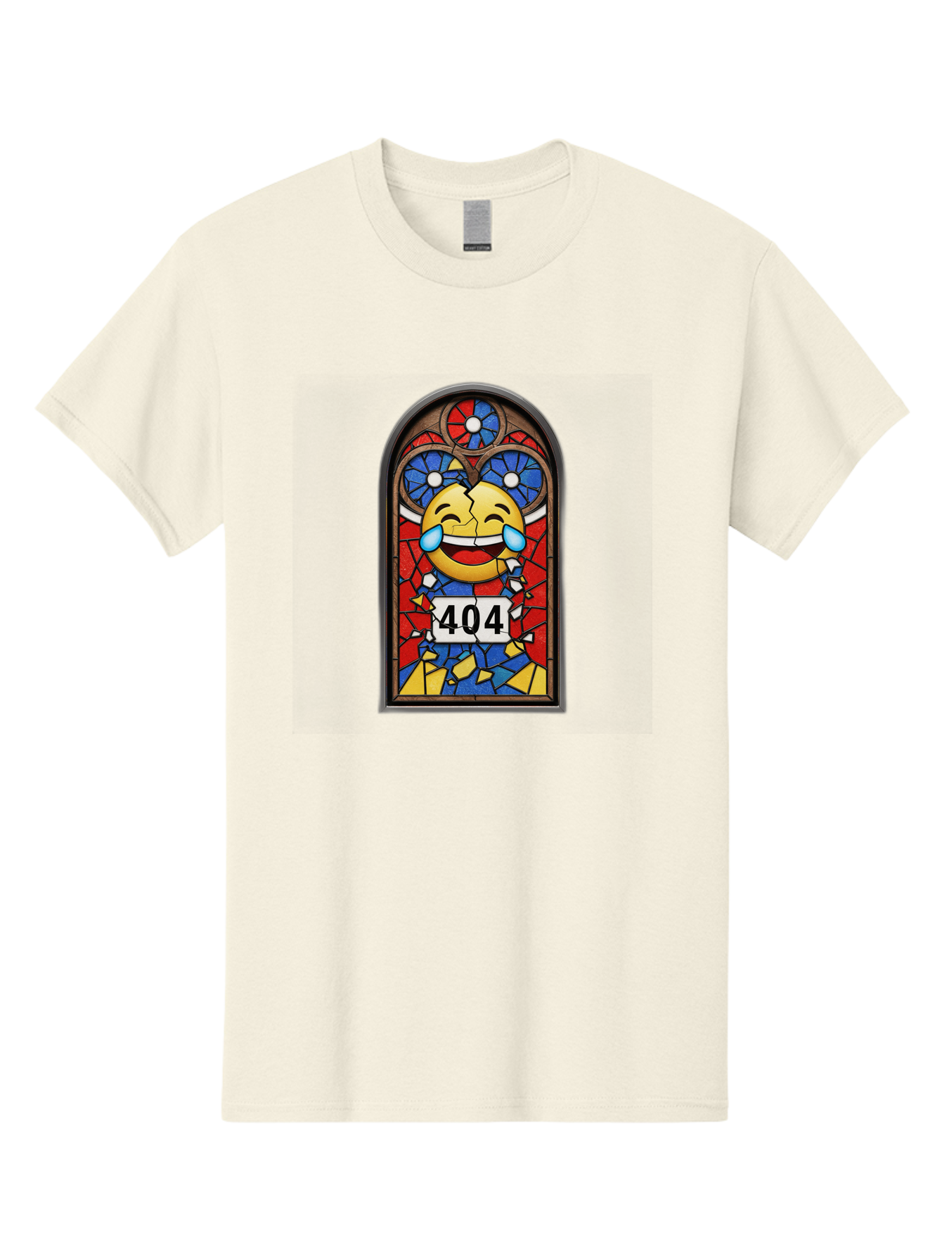 404-Emoji-Stained-Glass Men'S Graphic Tee, 100% Cotton, Comfortable Casual Summer Wear, Machine Washable, Stained Glass Window, Crying Laughing Emoji, Broken Glass, 404 Error, Humorous Design, Playful Art, Digital Illustration, Baa070
