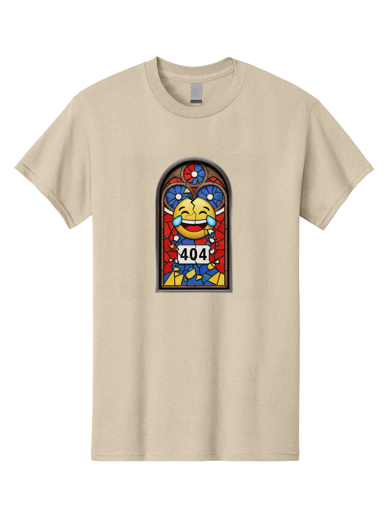 404-Emoji-Stained-Glass Men'S Graphic Tee, 100% Cotton, Comfortable Casual Summer Wear, Machine Washable, Stained Glass Window, Crying Laughing Emoji, Broken Glass, 404 Error, Humorous Design, Playful Art, Digital Illustration, Baa070