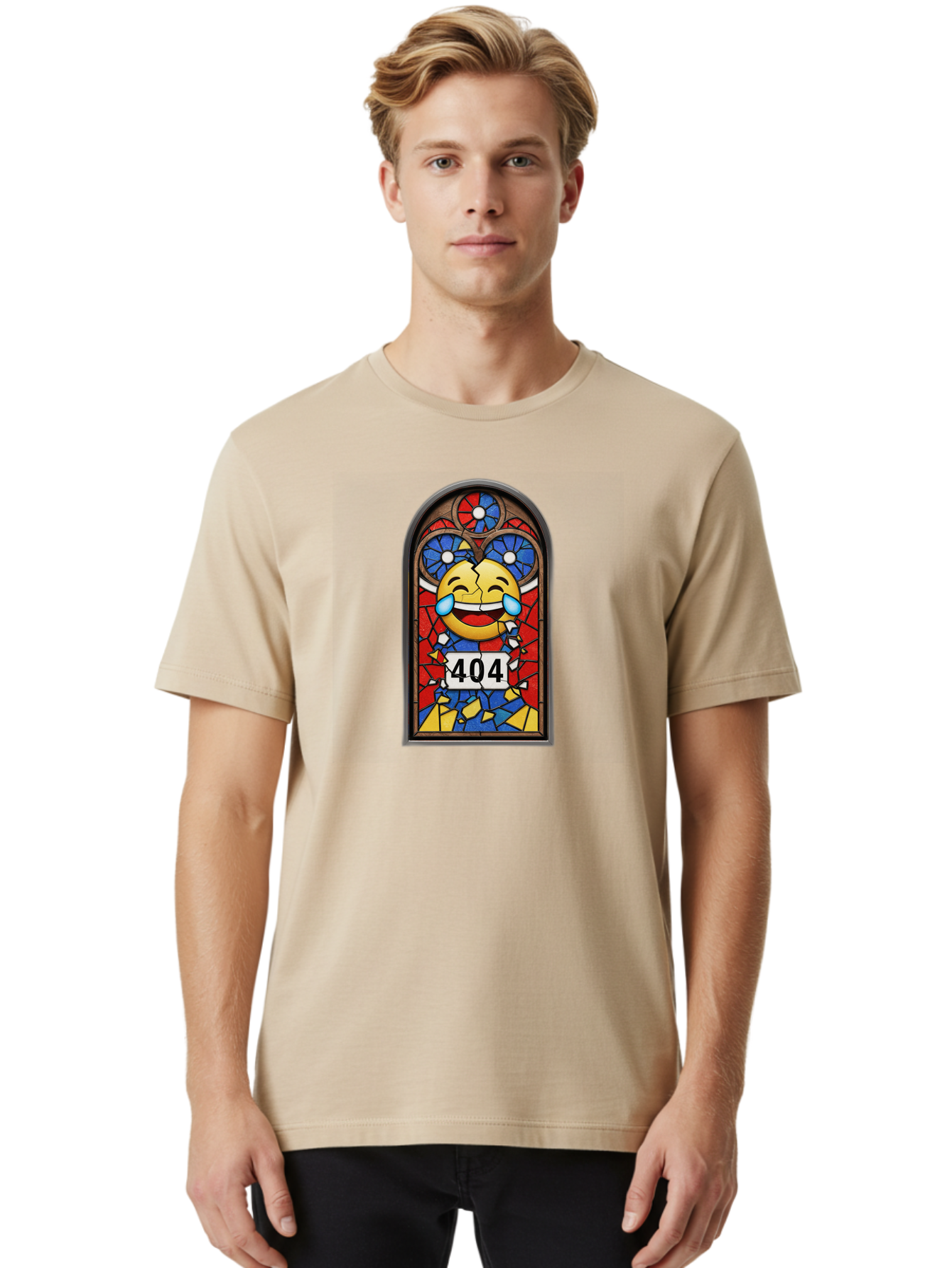 404-Emoji-Stained-Glass Men'S Graphic Tee, 100% Cotton, Comfortable Casual Summer Wear, Machine Washable, Stained Glass Window, Crying Laughing Emoji, Broken Glass, 404 Error, Humorous Design, Playful Art, Digital Illustration, Baa070