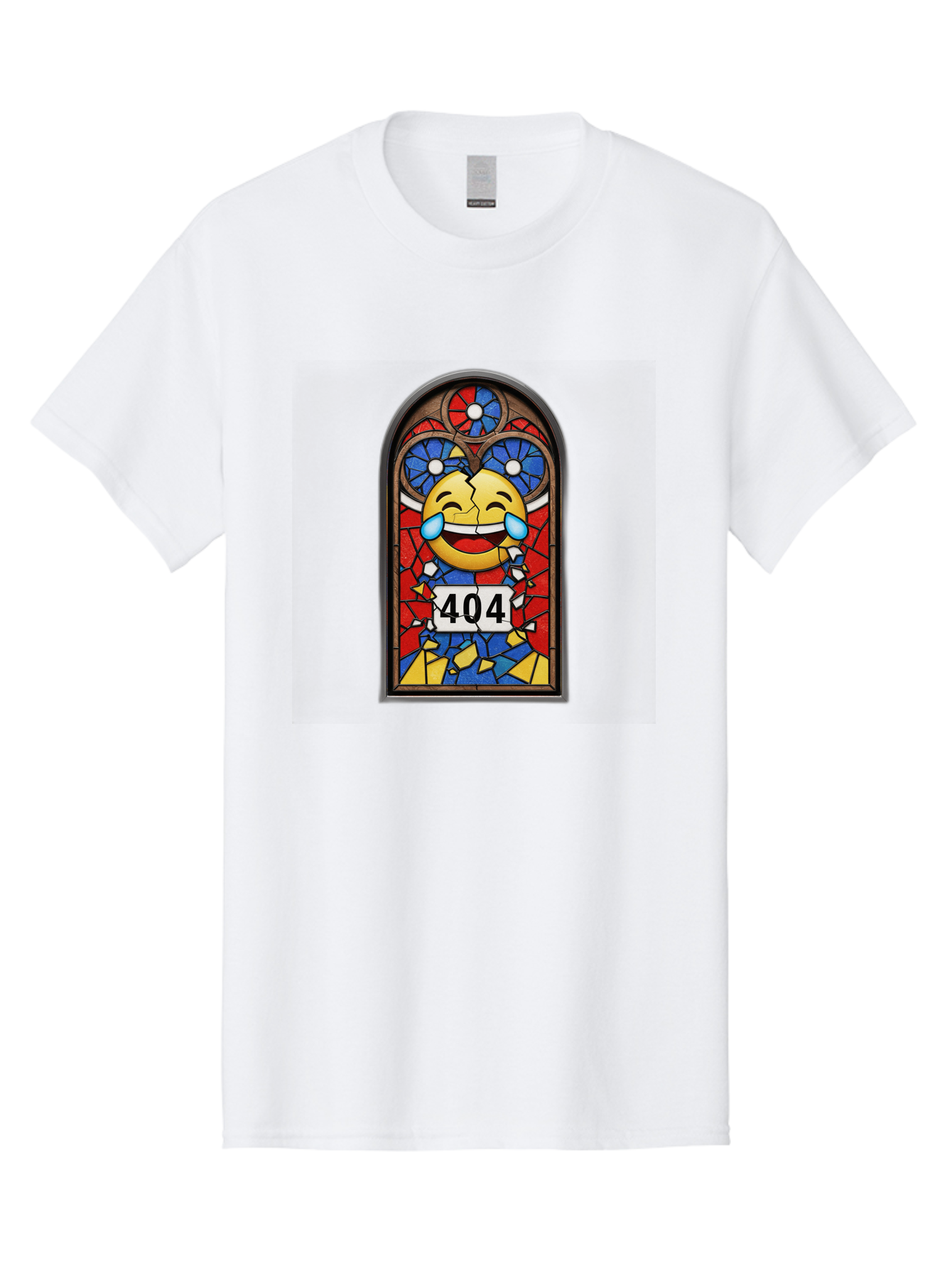 404-Emoji-Stained-Glass Men'S Graphic Tee, 100% Cotton, Comfortable Casual Summer Wear, Machine Washable, Stained Glass Window, Crying Laughing Emoji, Broken Glass, 404 Error, Humorous Design, Playful Art, Digital Illustration, Baa070