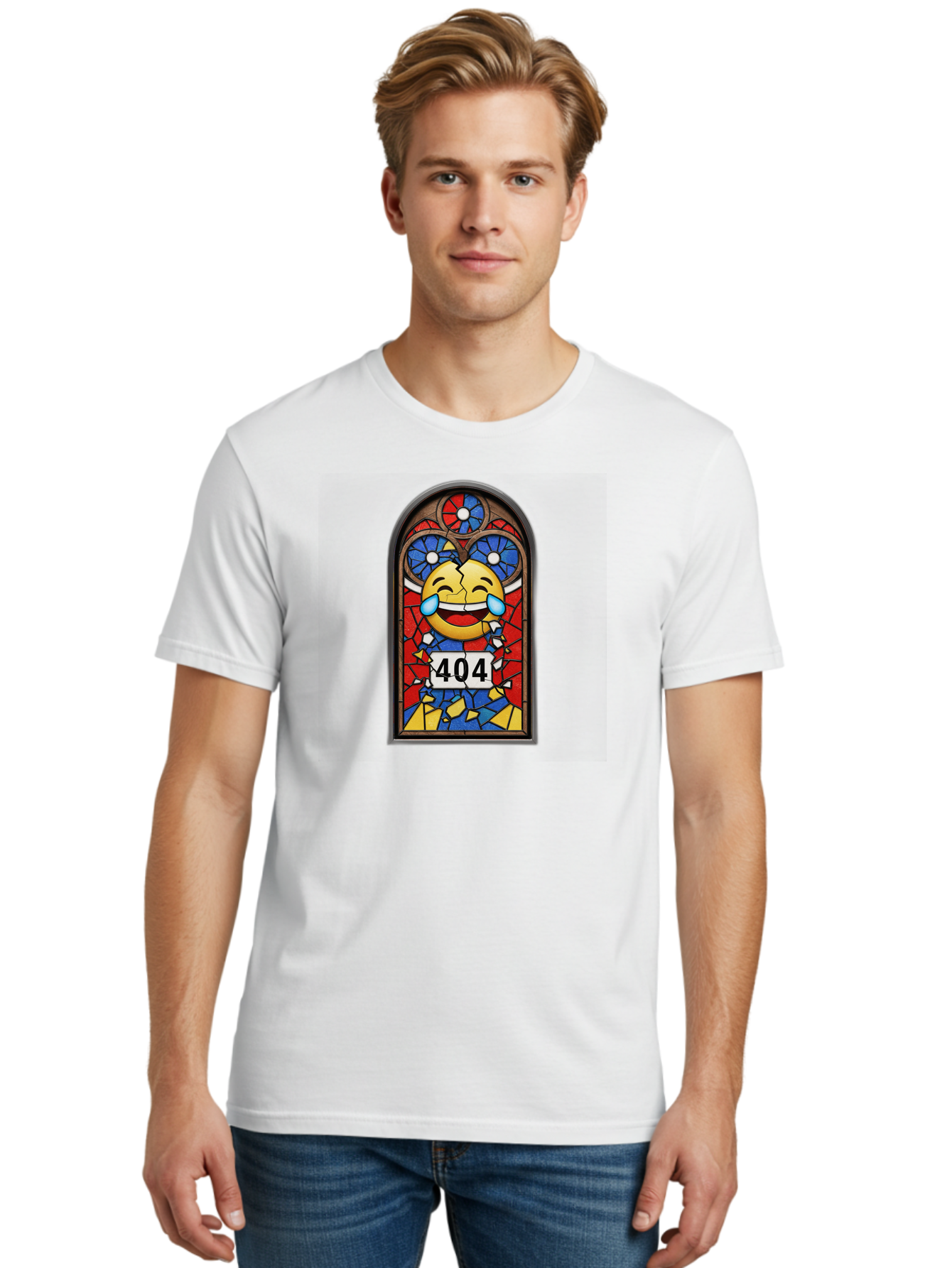 404-Emoji-Stained-Glass Men'S Graphic Tee, 100% Cotton, Comfortable Casual Summer Wear, Machine Washable, Stained Glass Window, Crying Laughing Emoji, Broken Glass, 404 Error, Humorous Design, Playful Art, Digital Illustration, Baa070
