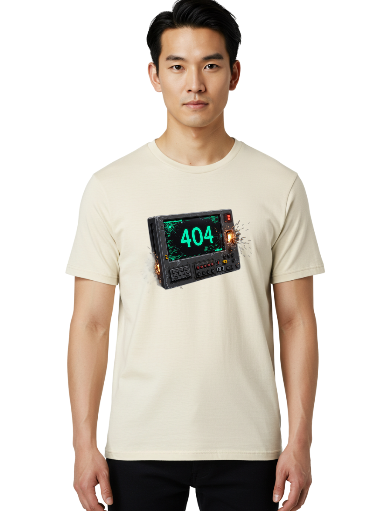 404-Error-Screen Men'S Graphic Tee, 100% Cotton, Comfortable Casual Summer Wear, Machine Washable, Error Message, 404, Computer Screen, Sparks Flying, Malfunctioning, Cyberpunk, Digital Glitches, Futuristic Technology, Error Code Baa091
