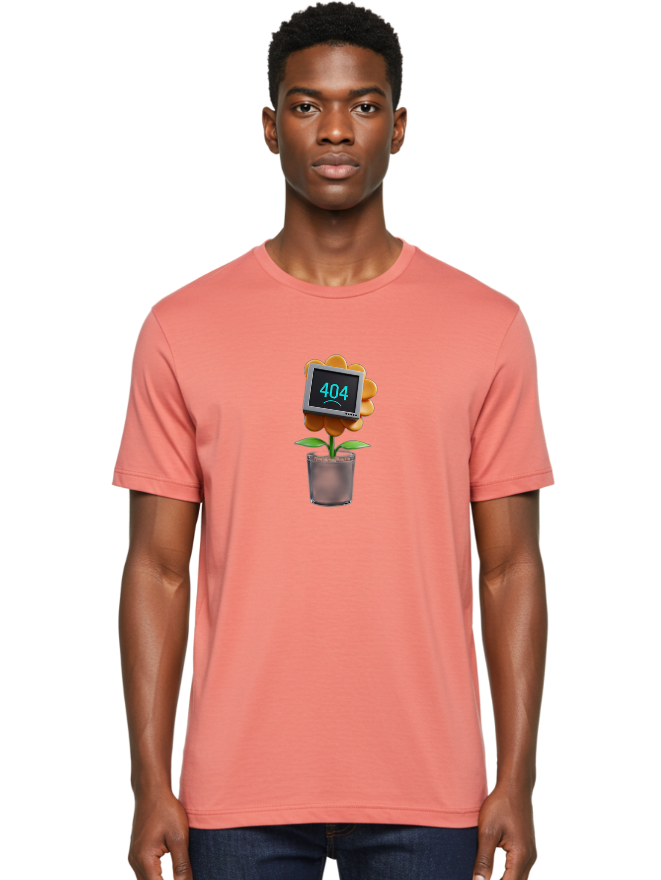 404-Flower Men'S Graphic Tee, 100% Cotton, Comfortable Casual Summer Wear, Machine Washable, Error Message, 404 Page Not Found, Orange Flower, Pot, Screen Display, Sad Face, Technology Glitch, Digital Error, Web Page Issue Baa094