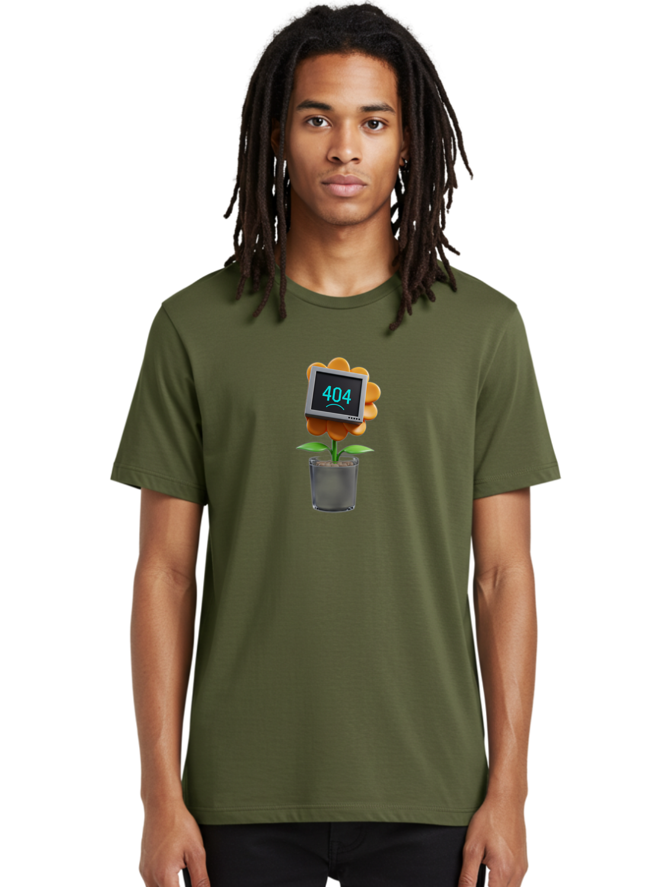 404-Flower Men'S Graphic Tee, 100% Cotton, Comfortable Casual Summer Wear, Machine Washable, Error Message, 404 Page Not Found, Orange Flower, Pot, Screen Display, Sad Face, Technology Glitch, Digital Error, Web Page Issue Baa094