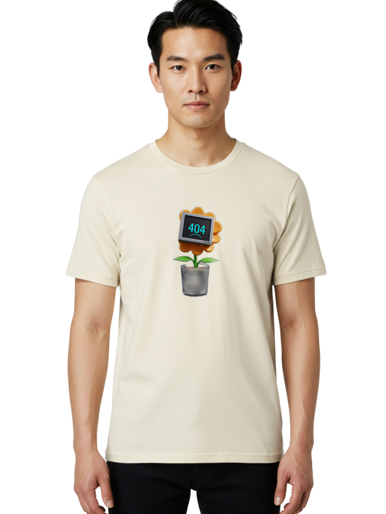 404-Flower Men'S Graphic Tee, 100% Cotton, Comfortable Casual Summer Wear, Machine Washable, Error Message, 404 Page Not Found, Orange Flower, Pot, Screen Display, Sad Face, Technology Glitch, Digital Error, Web Page Issue Baa094