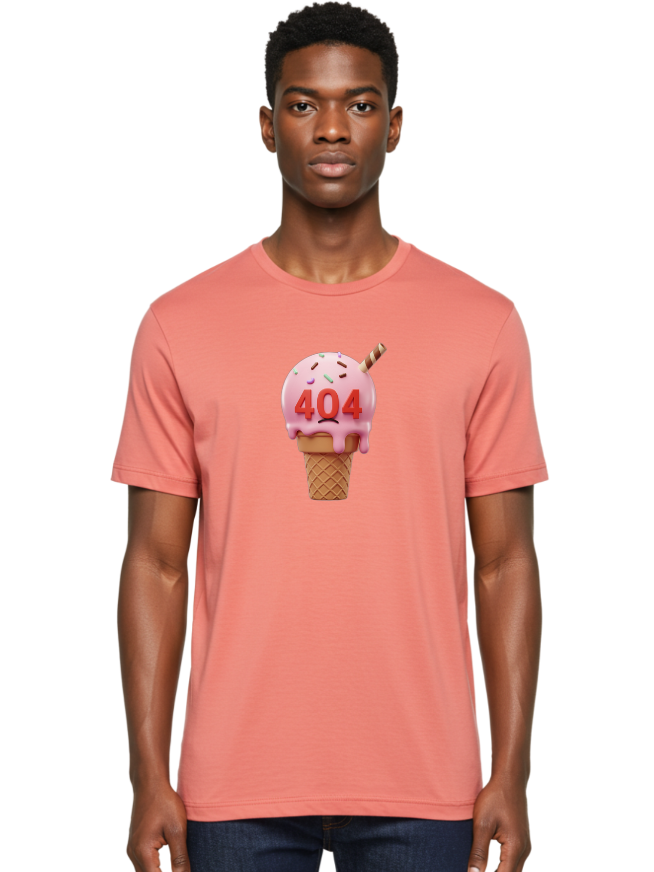 404-Ice-Cream Men'S Graphic Tee, 100% Cotton, Comfortable Casual Summer Wear, Machine Washable, Sad Ice Cream Cone, 404 Error, Pink Ice Cream, Sprinkles, Sweet Treat, Frowning Face, Melting Ice Cream, Error Message, Dessert, 404 Baa095
