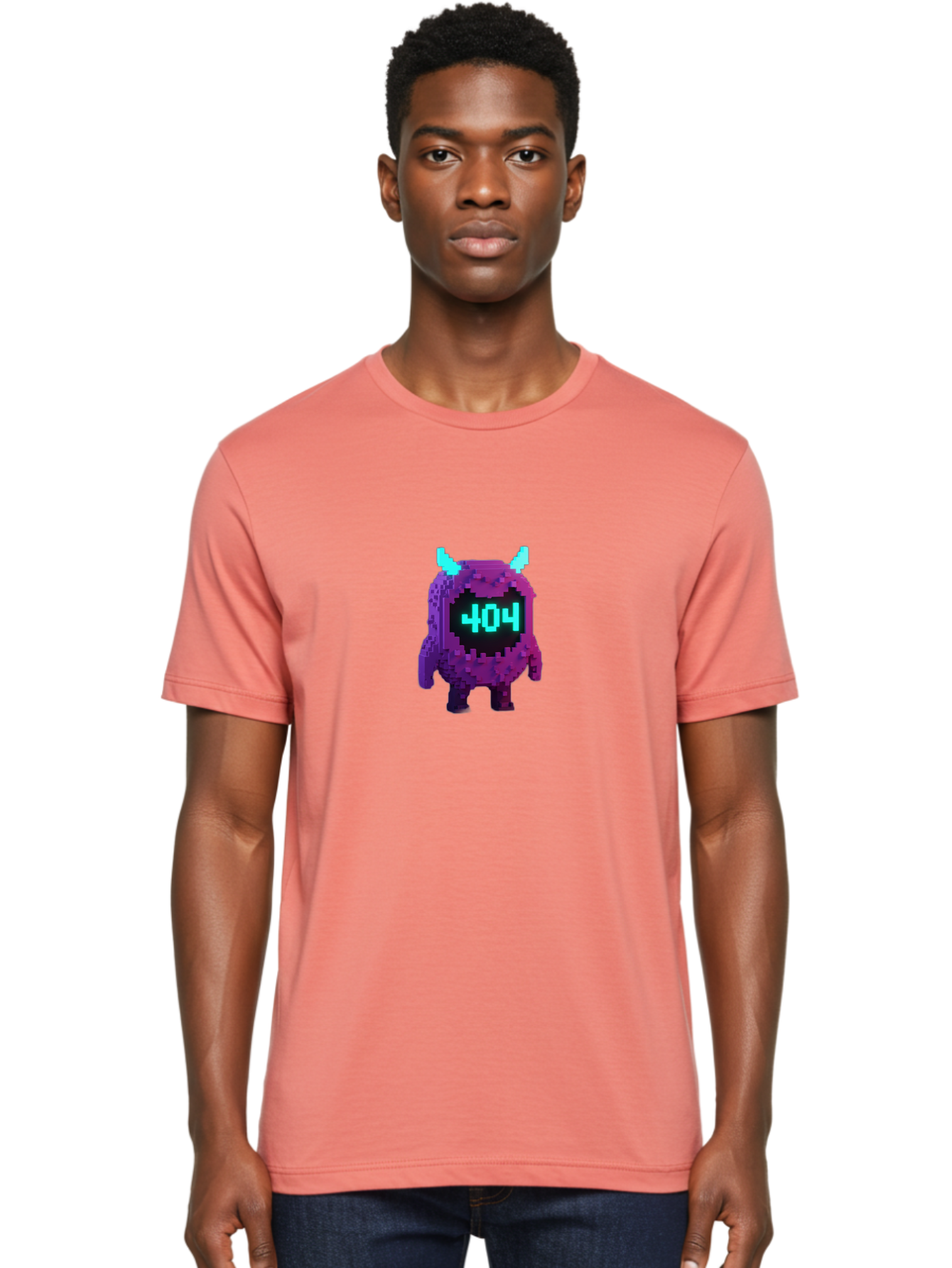 404-Monster-3 Men'S Graphic Tee, 100% Cotton, Comfortable Casual Summer Wear, Machine Washable, Pixel Art Monster, 404 Error, Digital Creature, Purple Monster, Blue Horns, Error Page, Glitchy Graphics, 8-Bit Style, Retro Gaming Baa100