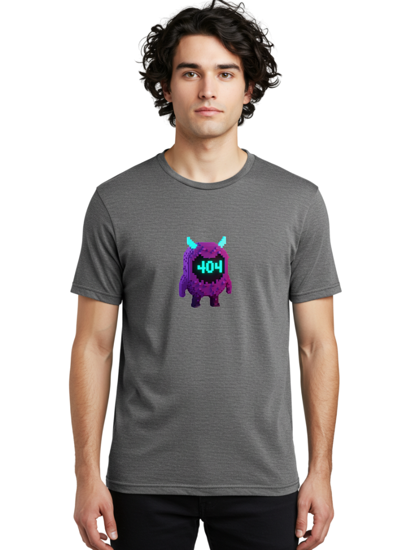 404-Monster-3 Men'S Graphic Tee, 100% Cotton, Comfortable Casual Summer Wear, Machine Washable, Pixel Art Monster, 404 Error, Digital Creature, Purple Monster, Blue Horns, Error Page, Glitchy Graphics, 8-Bit Style, Retro Gaming Baa100