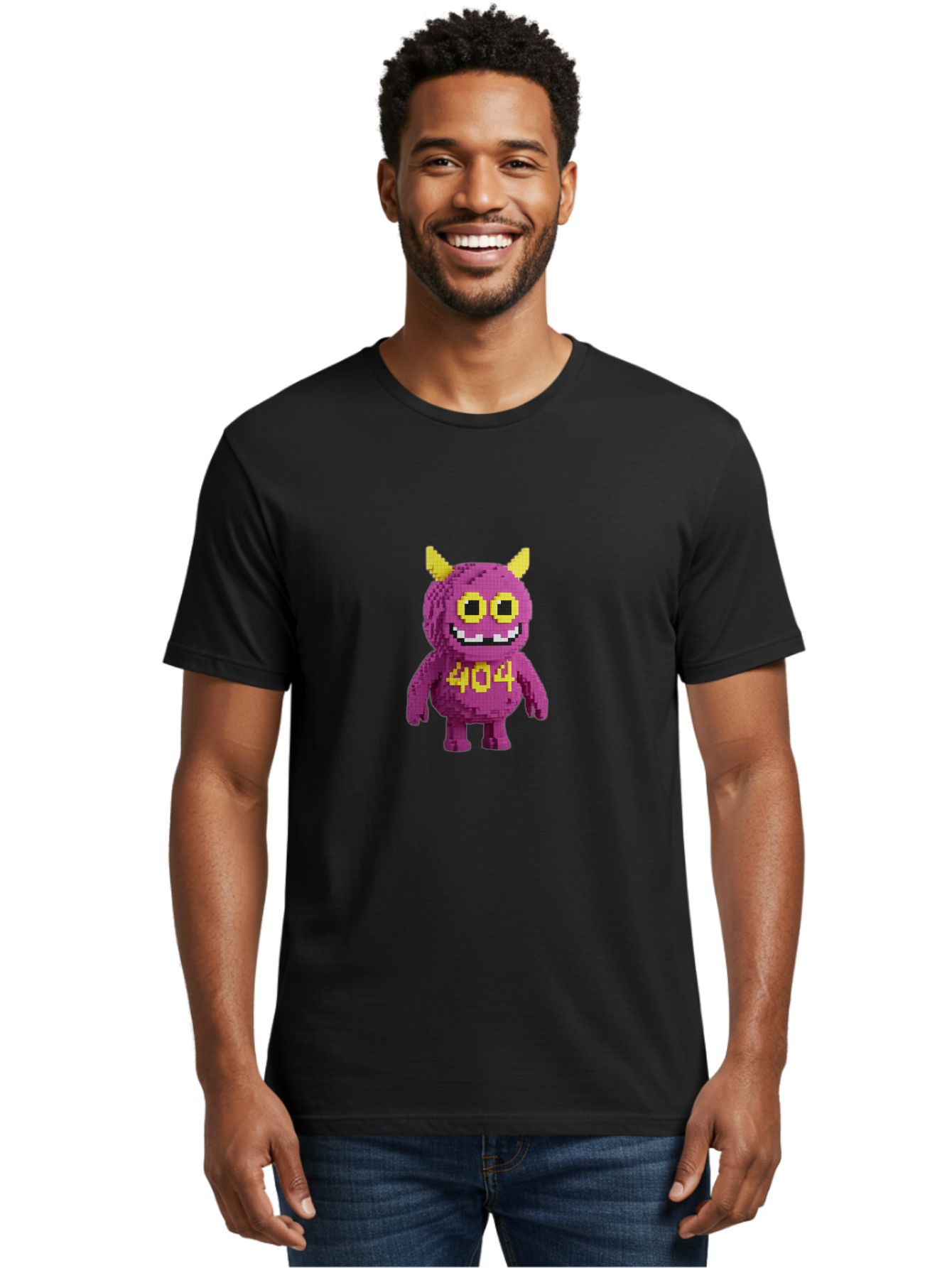 404-Monster-4 Men'S Graphic Tee, 100% Cotton, Comfortable Casual Summer Wear, Machine Washable, Pixel Art Monster, Purple Creature, Yellow Horns, 404 Error, Cartoon Character, Funny Design, Web Error Icon, Cute Pixel Monster, Digital Art, Baa101